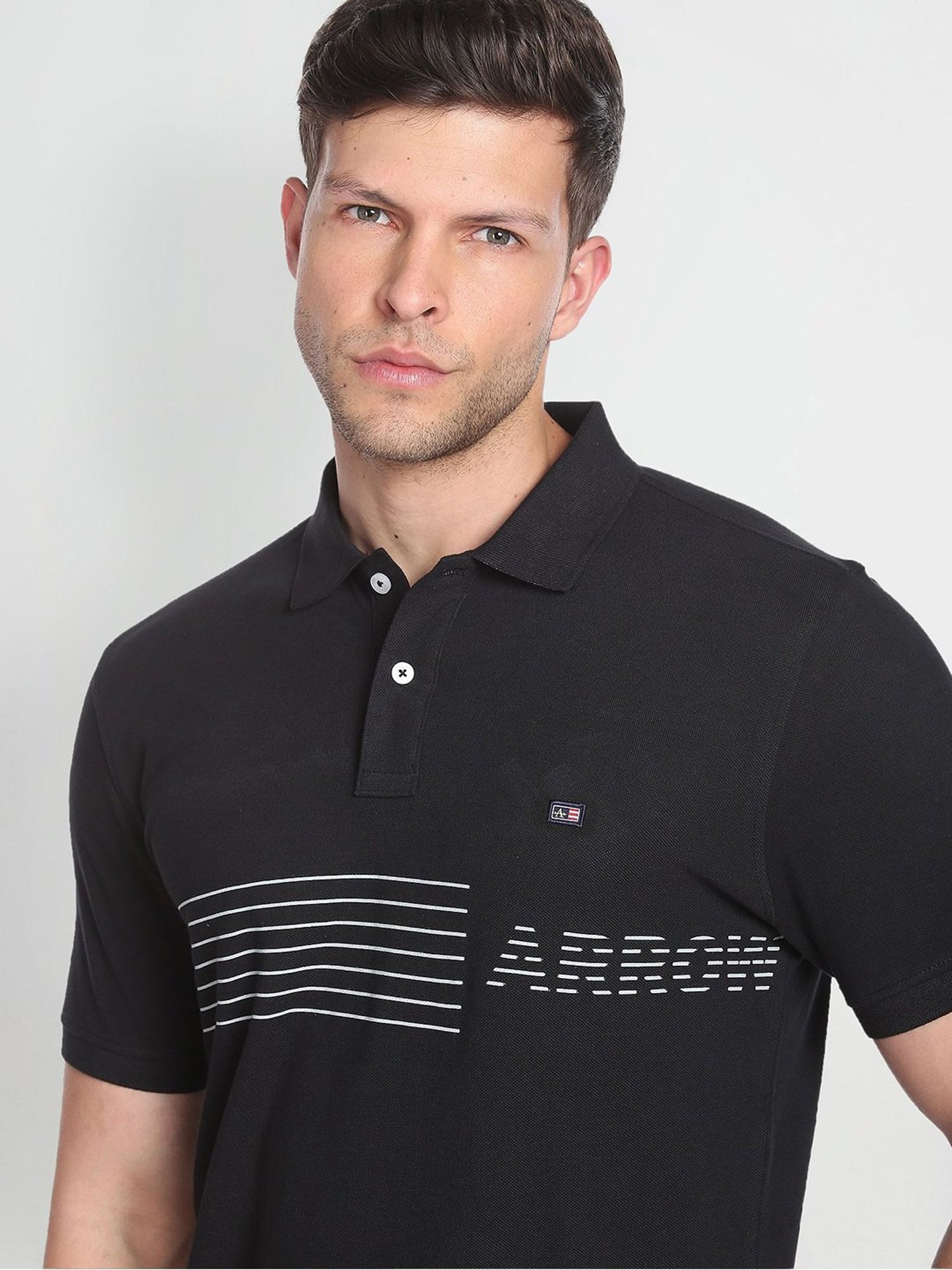 Arrow Sport Black Cotton Regular Fit Striped Polo T-Shirt