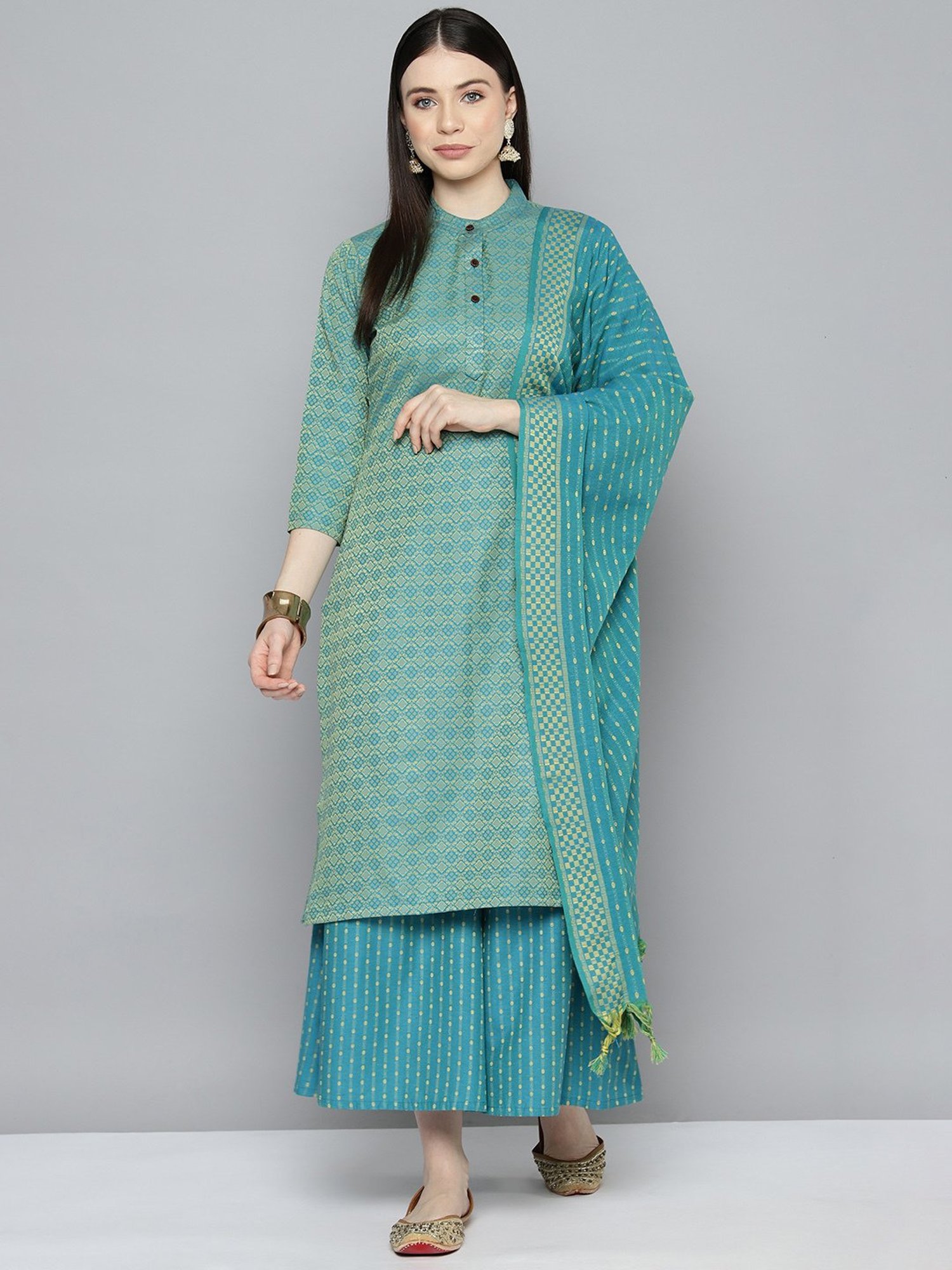 Jompers Blue Embroidered Kurta With Palazzo & Dupatta