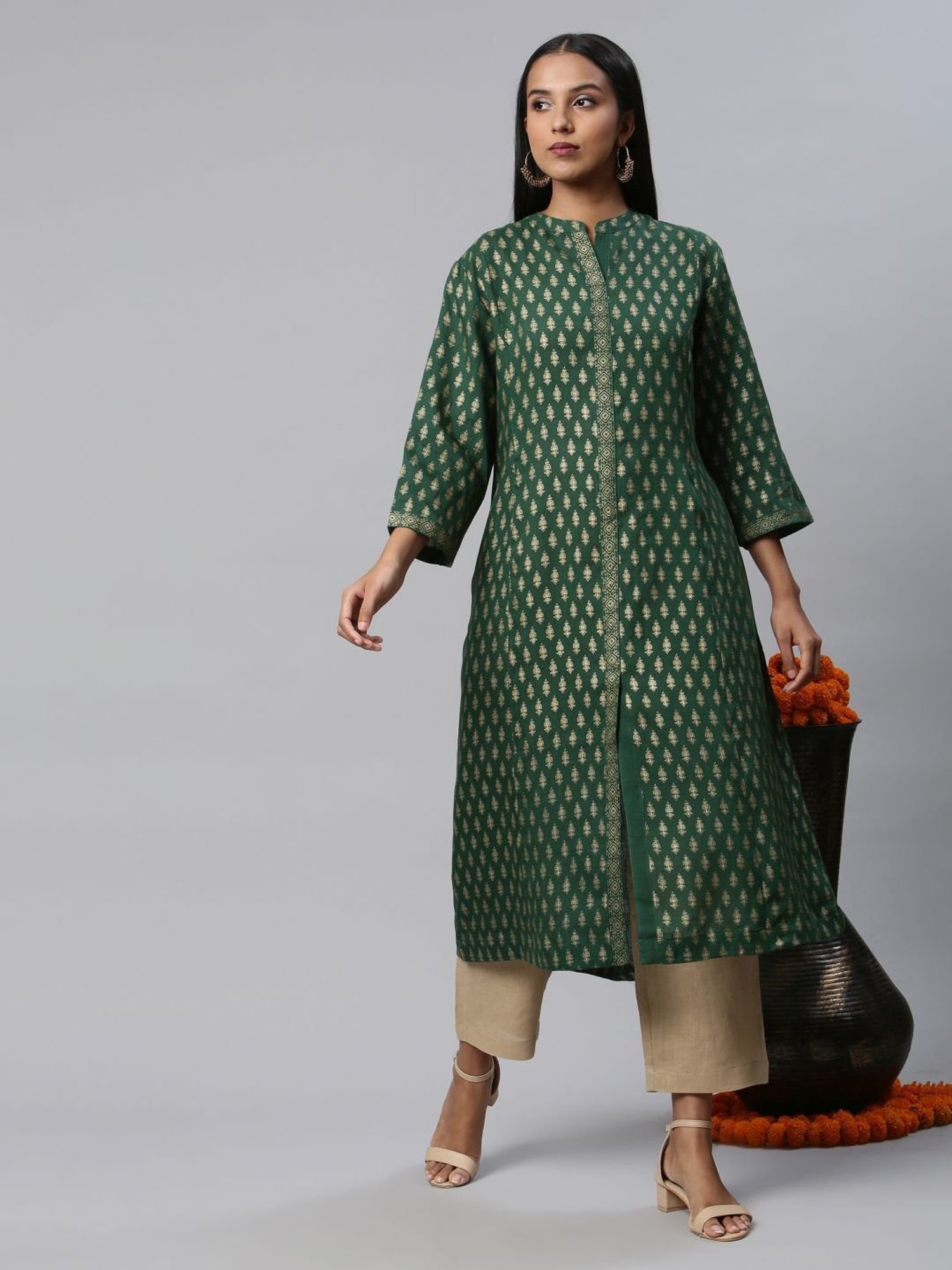 Linen Club Woman Green Linen Printed A Line Kurta