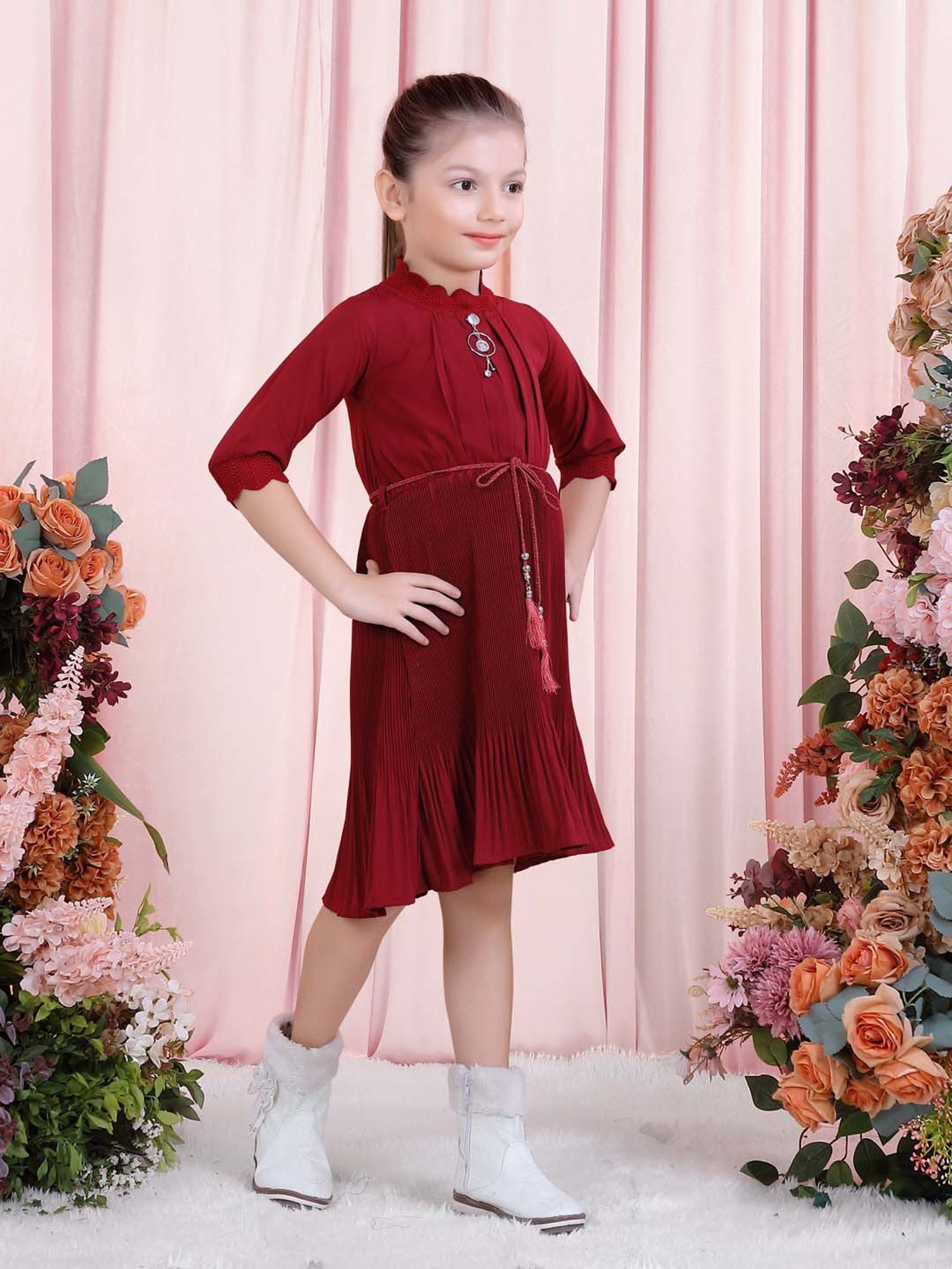 poplins Kids Maroon Cotton Regular Fit Dress