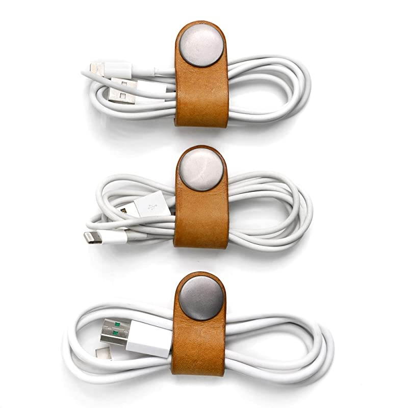 Genuine Leather Headphone Earphone Organizer Cord Organizer Wrap Winder Cord Manager Cable WinderSet of 2 Yellow