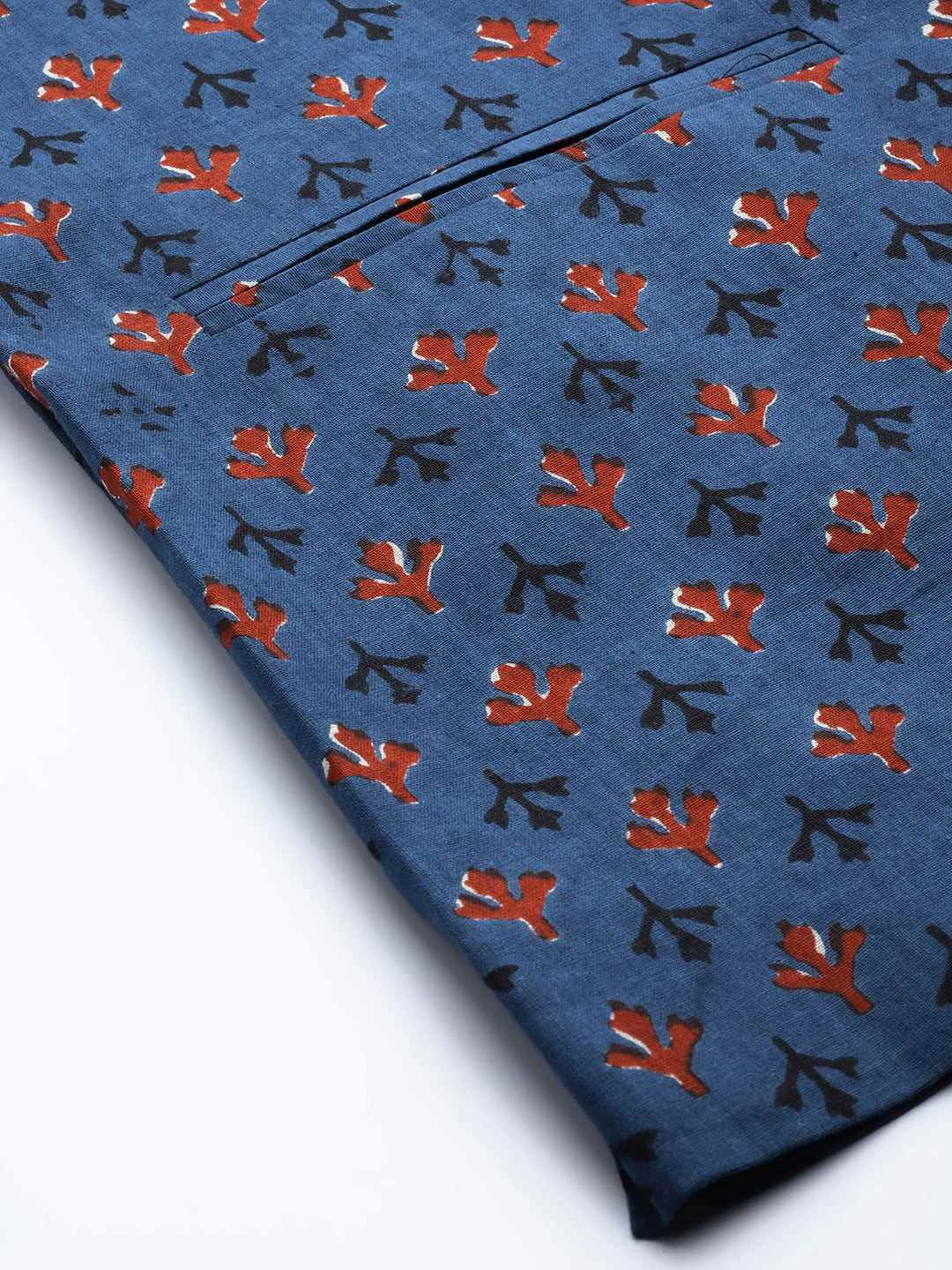 See Designs Blue Cotton Regular Fit Printed Nehru Jacket