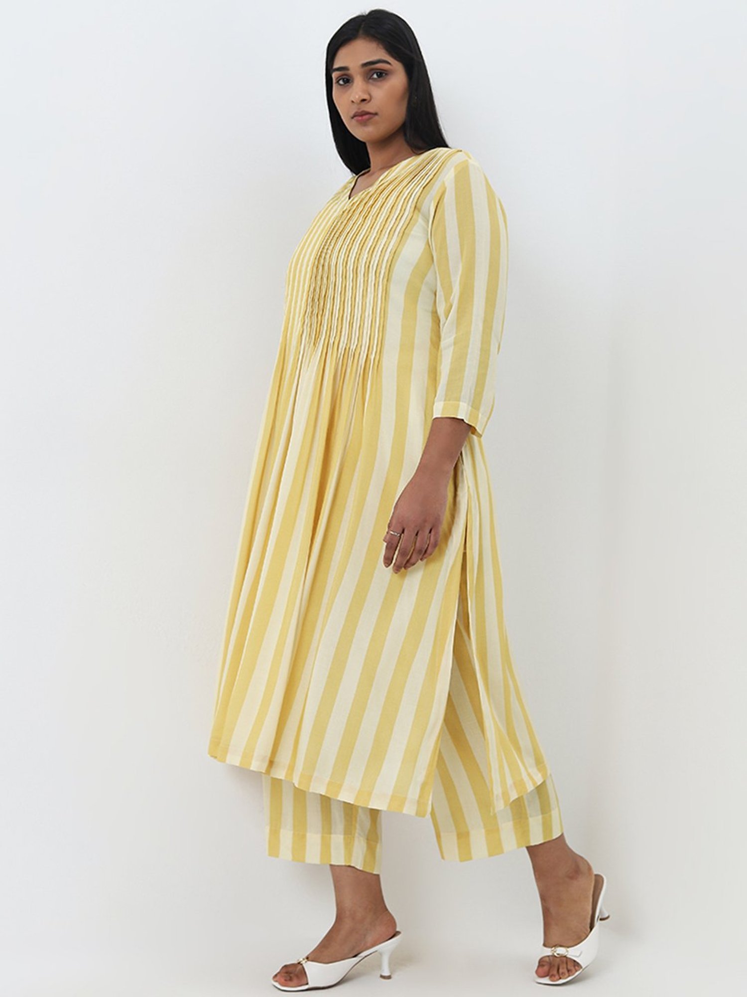Diza by Westside Yellow Striped Pintuck Detailed A-Line Cotton Kurta