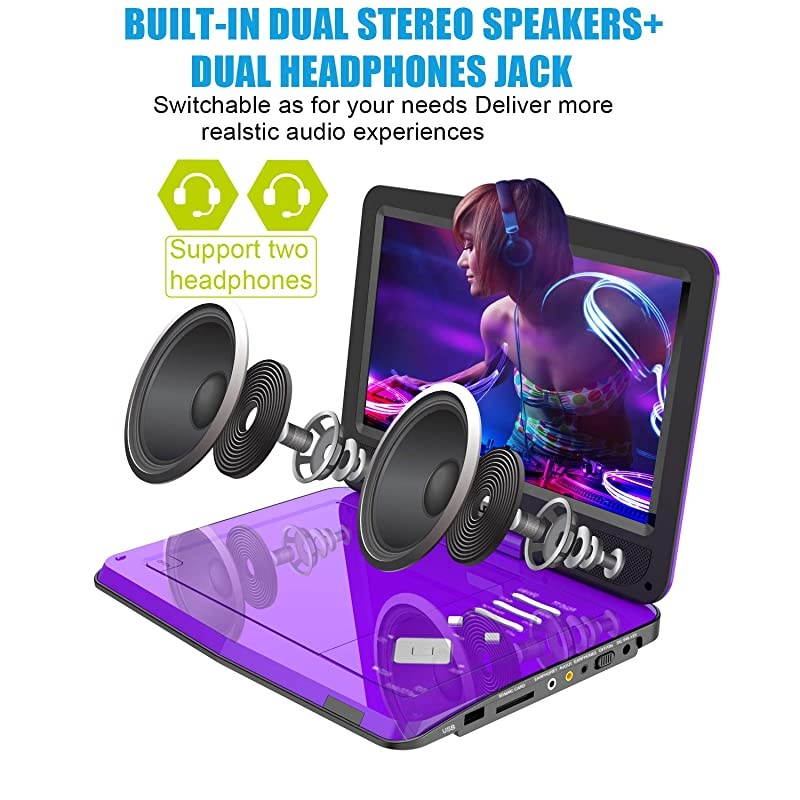 Portable DVD Player 12.5" with HD Swivel Screen,Long Lasting Battery, Support USB/SD Card/Sync TV and Multiple Disc Formats, with Car Charger &Power Adaptor & Car Headrest Mount Case, Purple