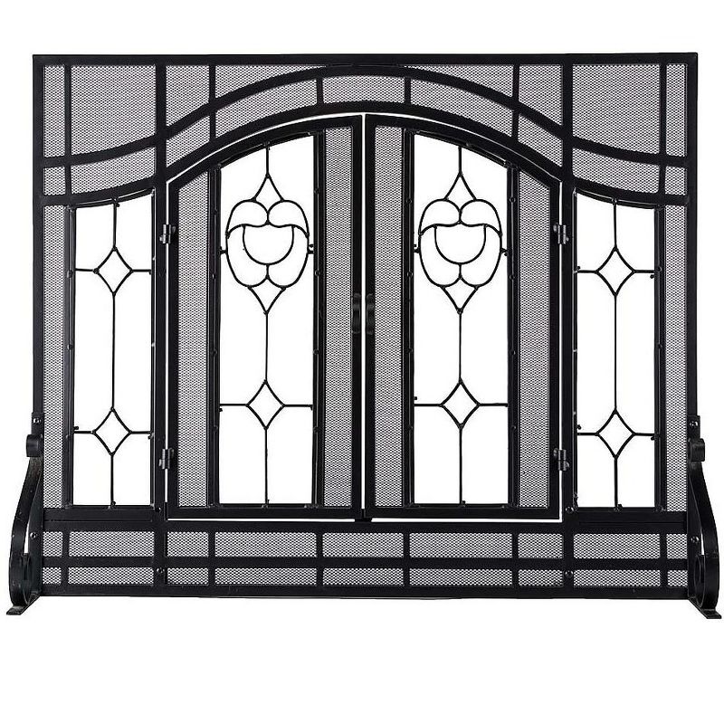 Plow & Hearth - 2-Door Floral Fireplace Fire Screen with Beveled Glass Panels, Black