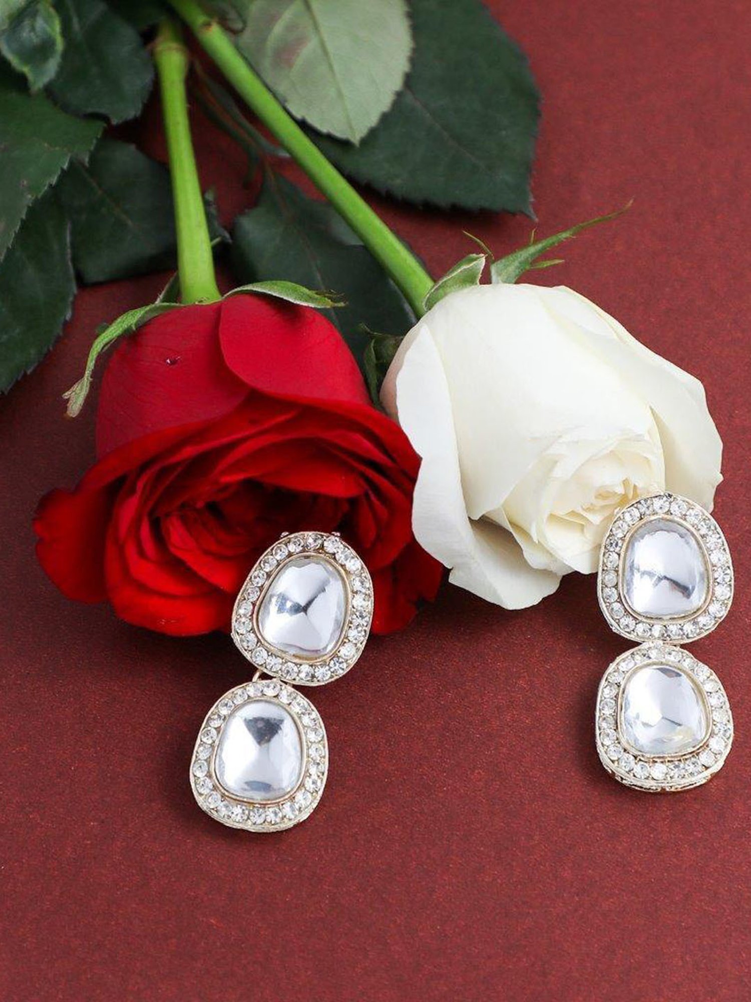 VOJ Silver Plated Kundan Stone Studded Earrings for Women