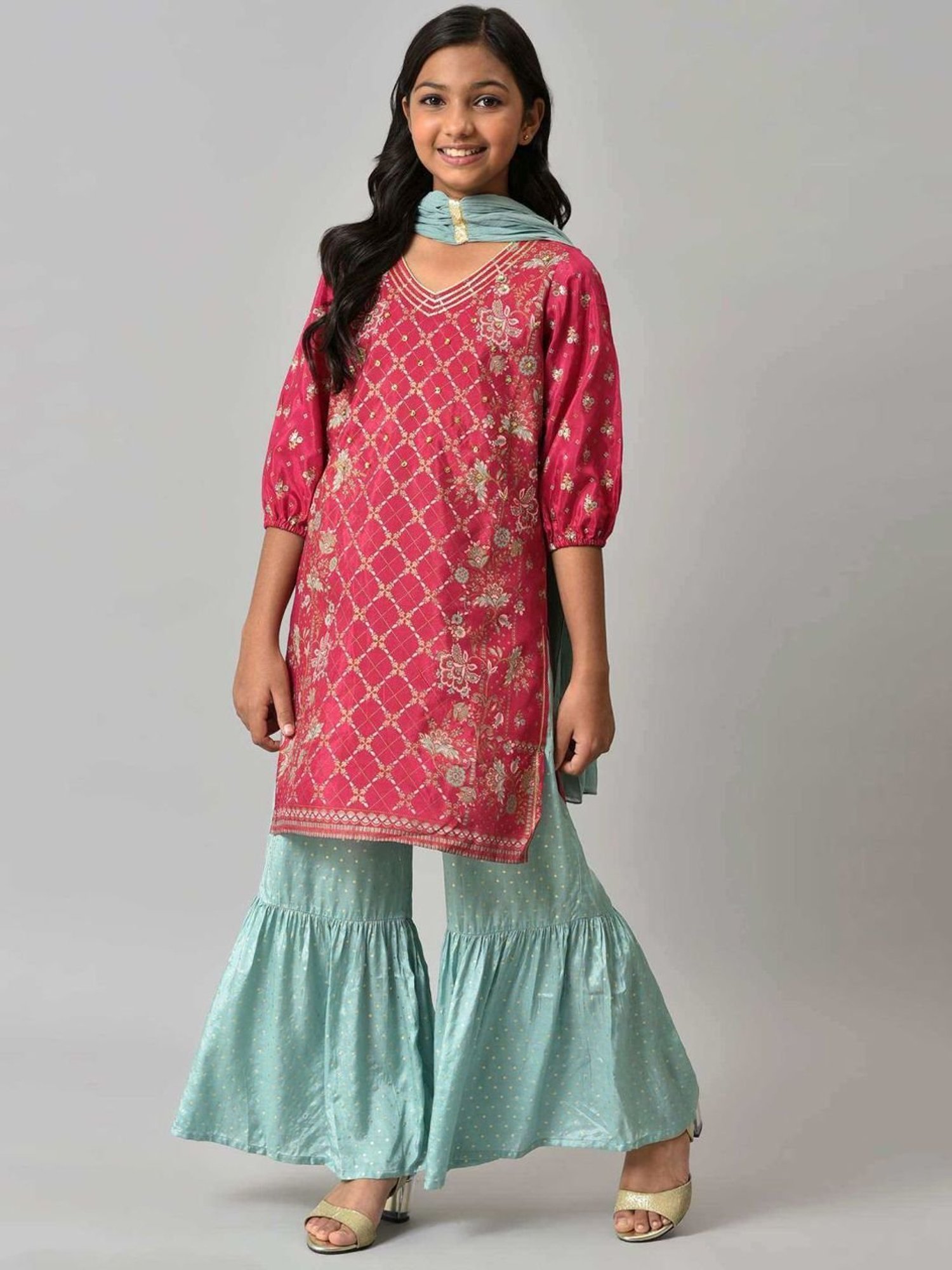 Aurelia Kids Pink & Blue Embroidered Kurta Set