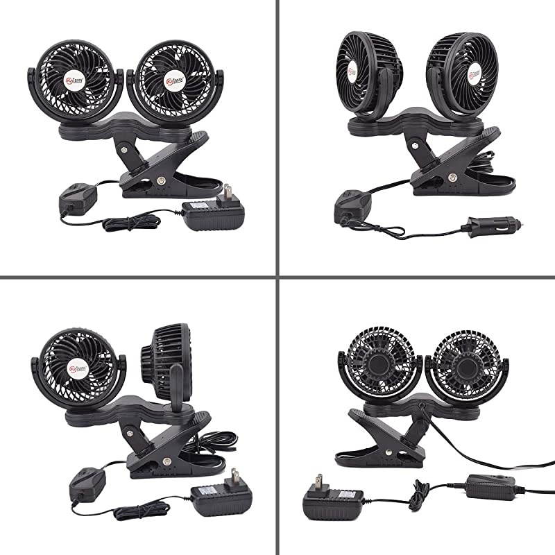 Dual Head Clip Fan 4 Inches Electric Car Clip Fans 360 Rotatable12V Cooling Air Fan with Stepless Speed Regulation for Vehicle or Home