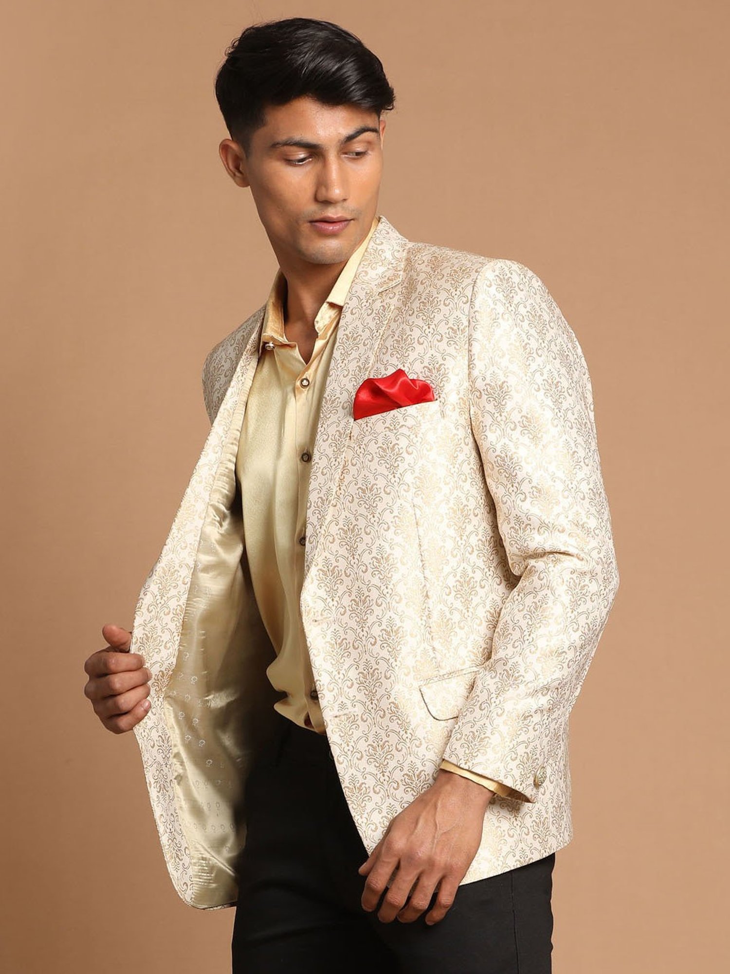 VASTRAMAY Gold & Beige Regular Fit Self Design Ethnic Blazer