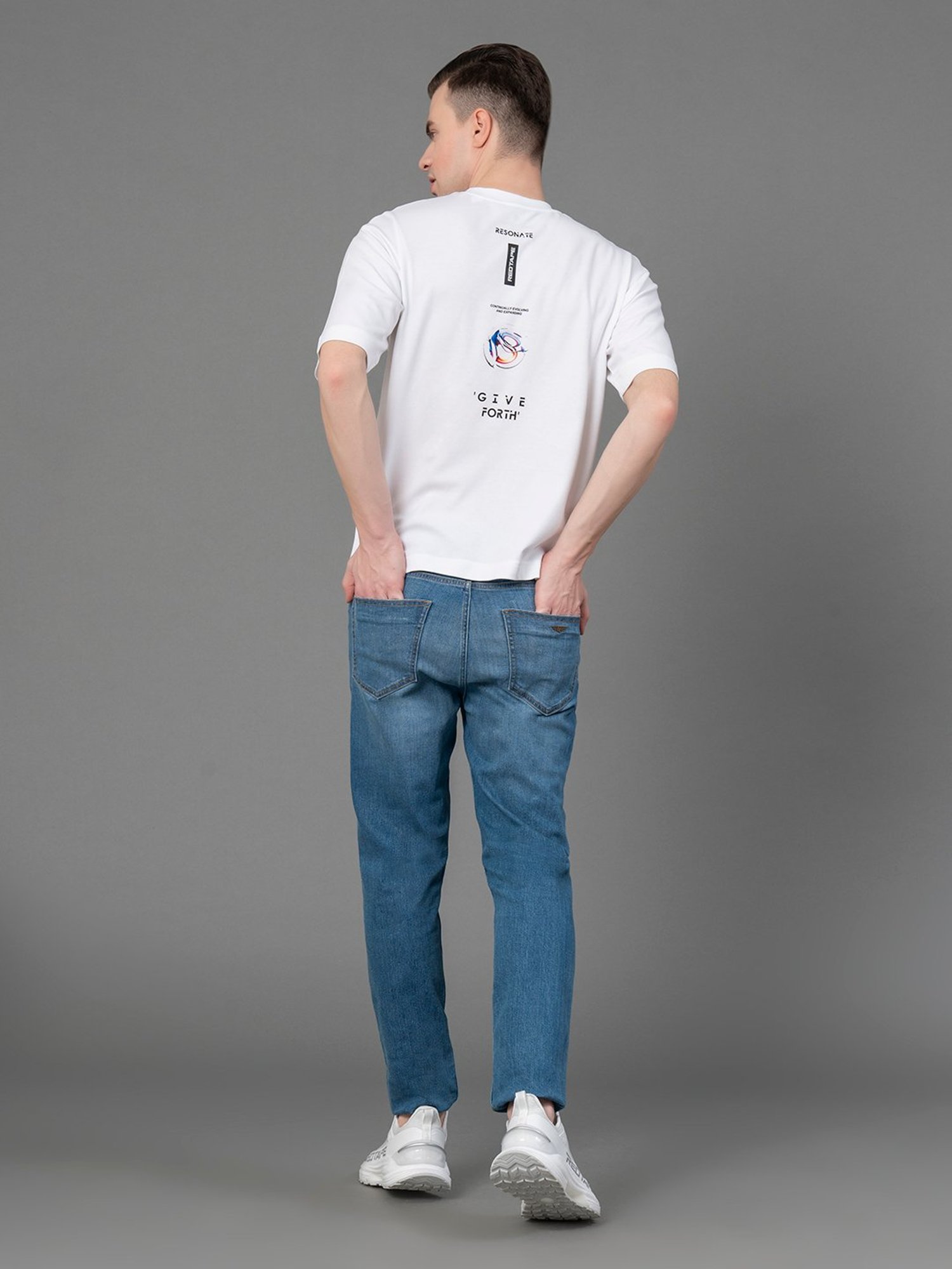 Red Tape White Loose Fit Graphic Print Oversized T-Shirt