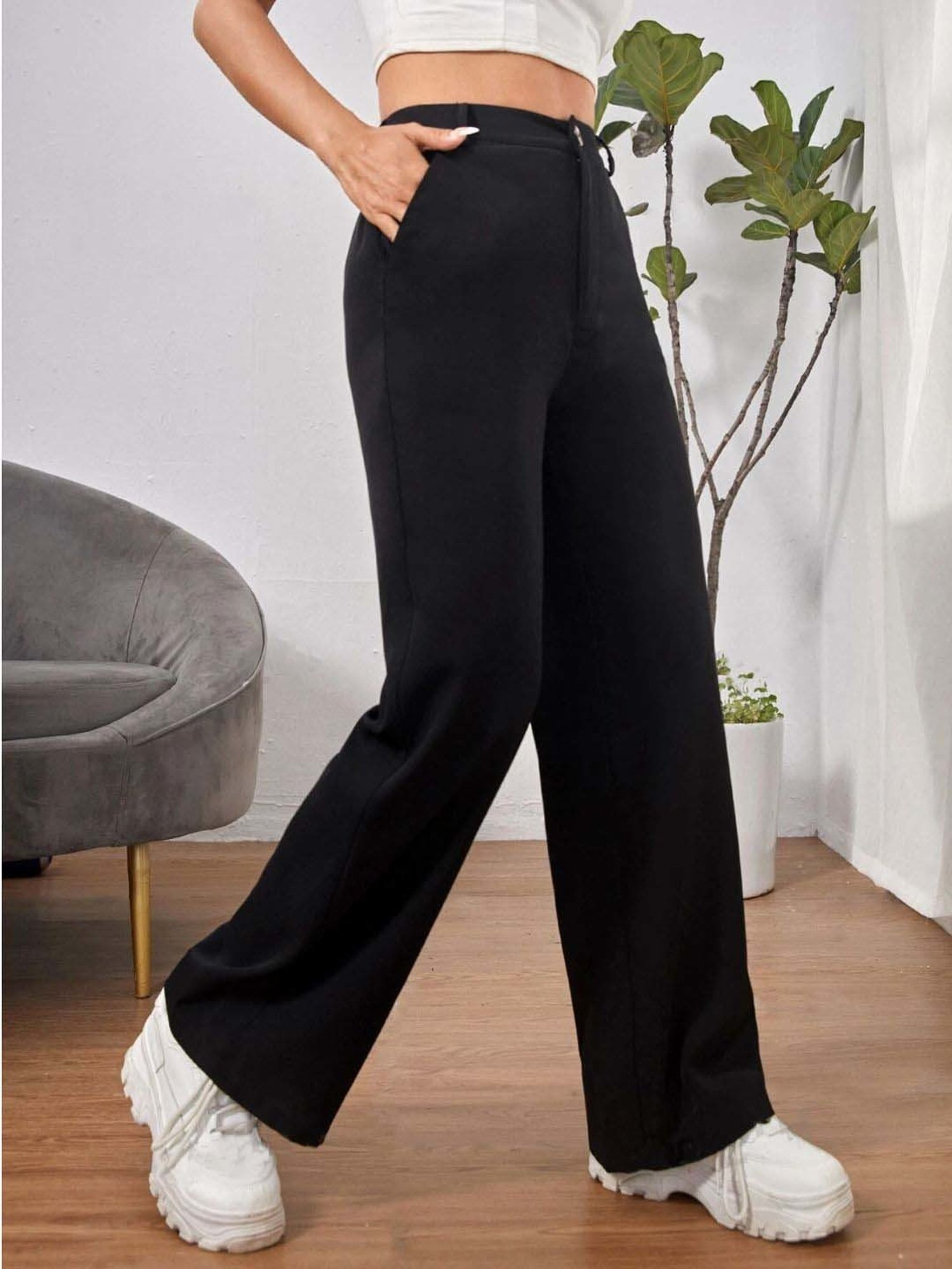 BUYNEWTREND Black High rise Formal Trousers
