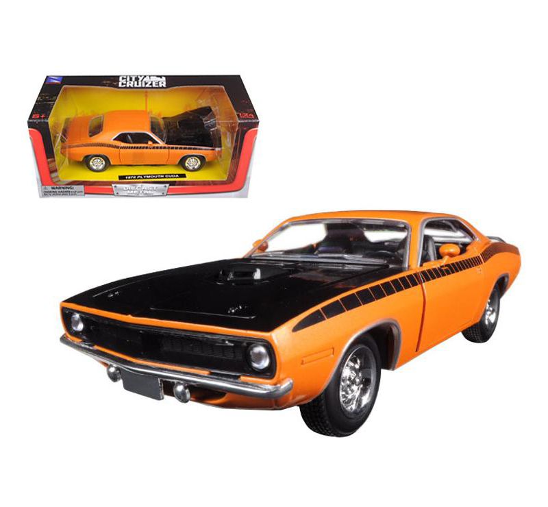 1970 Plymouth Cuda Orange with Black Hood and Stripes 1/24 Diecast Model Car by New Ray