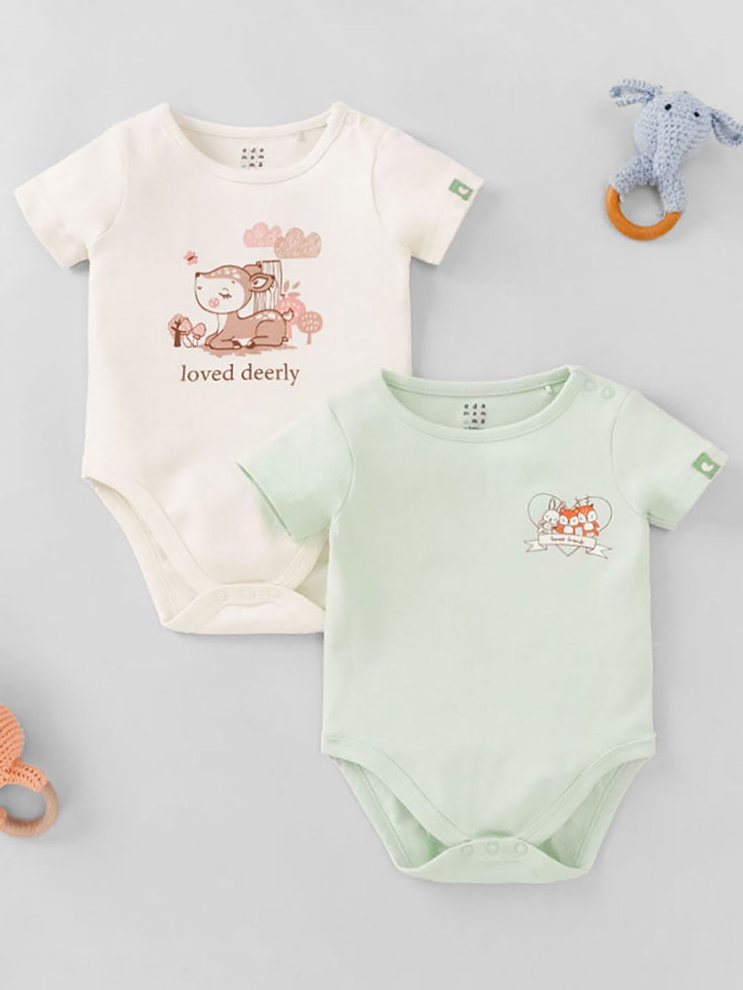 Ed-a-Mamma Baby White & Green Printed Bodysuit (Pack Of 2)