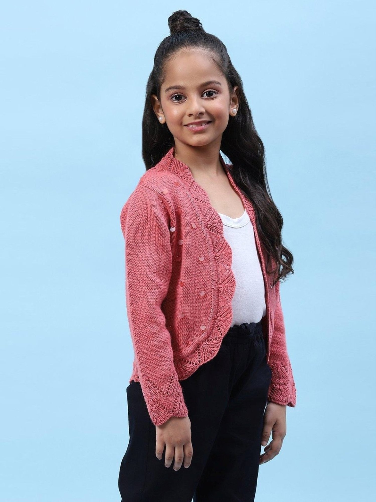 Biba Kids Pink Embellished Full Sleeves Shrug