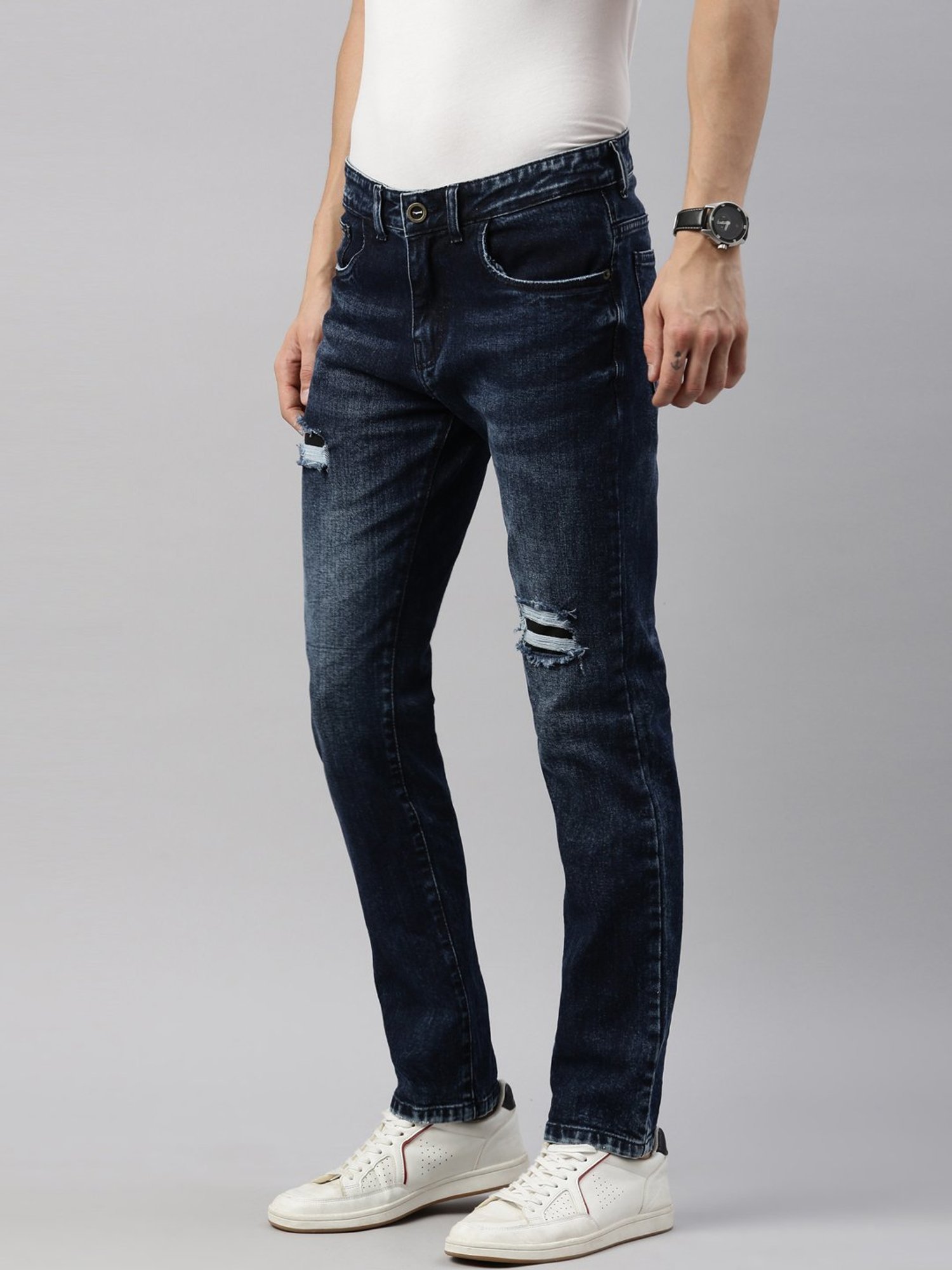 CINOCCI Dark Blue Cotton Slim Fit Distressed Jeans