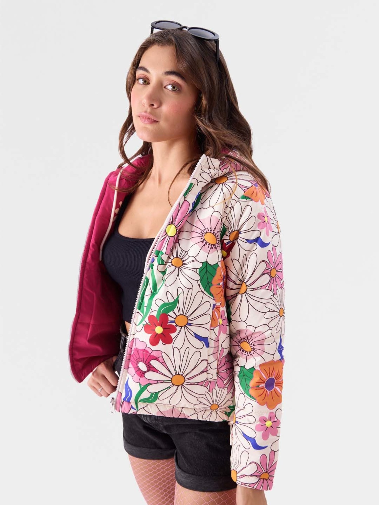 The Souled Store Pink & White Floral Print Reversible Jacket