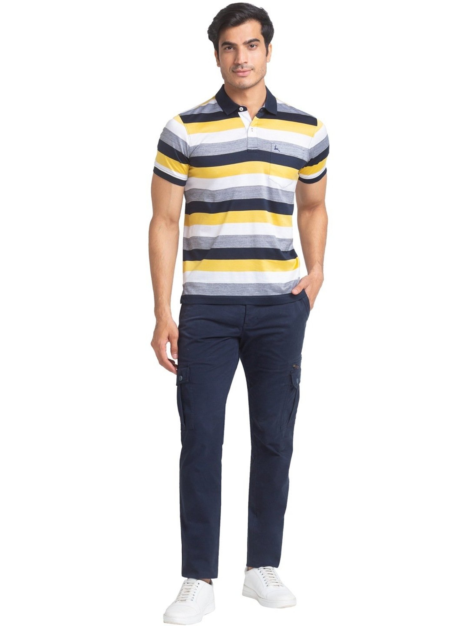 Parx Blue Pure Cotton Regular Fit Striped Polo T-Shirt