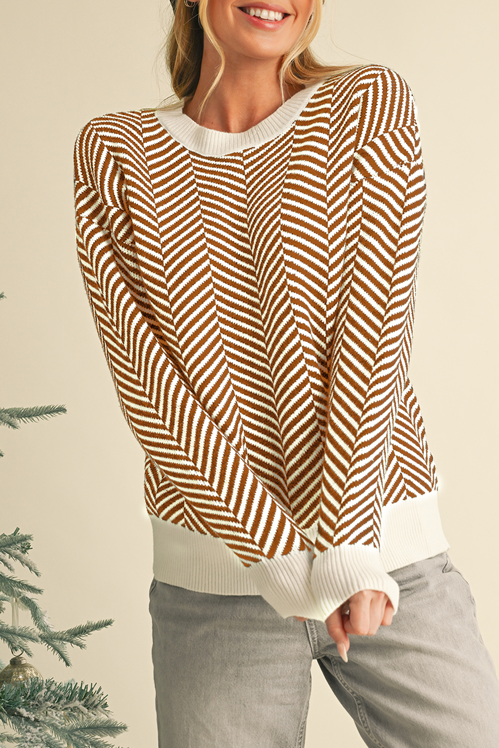 Coffee Stripe Contrast Edge Crew Neck Drop Shoulder Sweater