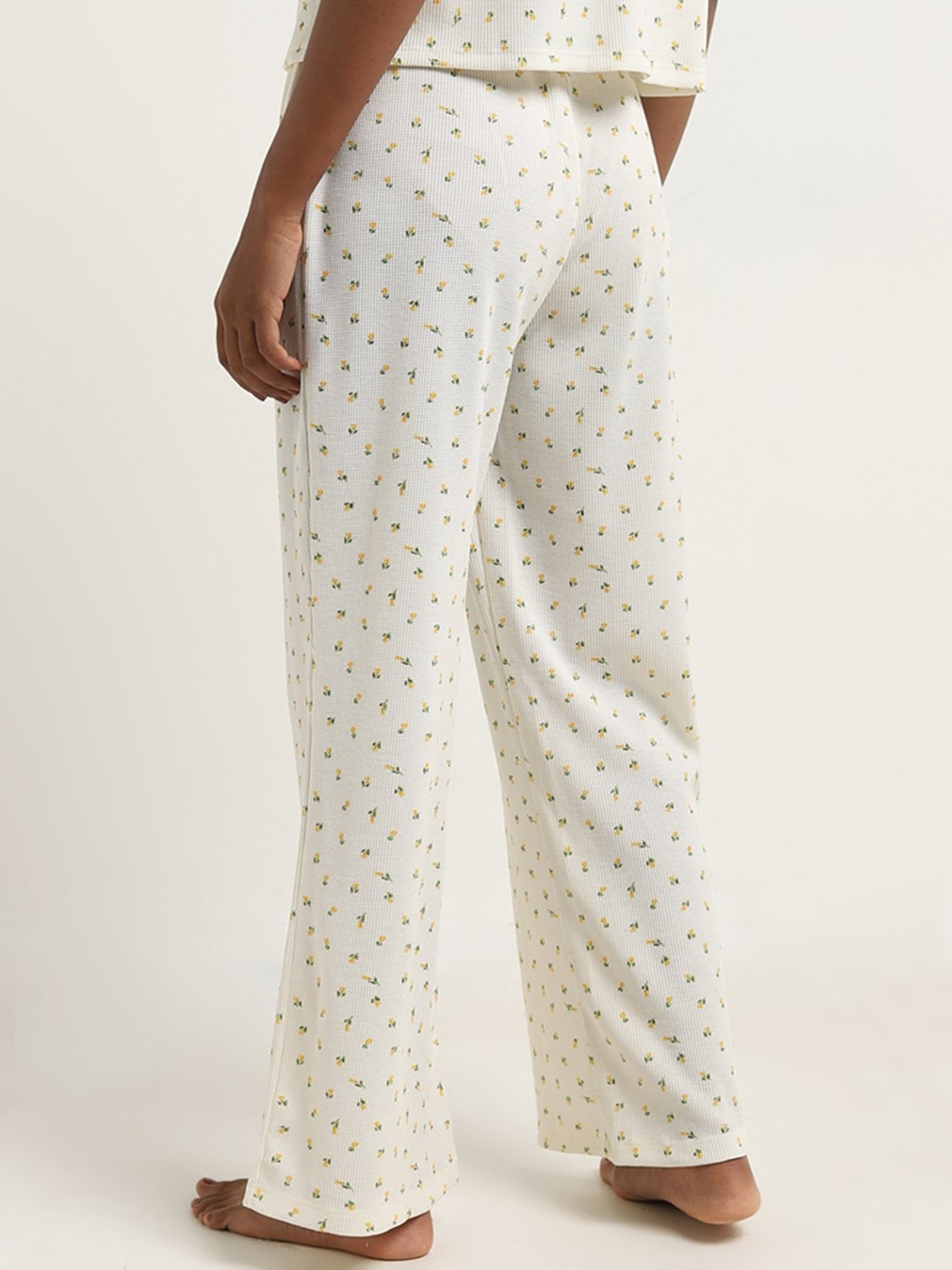 Superstar by Westside Ivory Floral Waffle-Textured Mid-Rise Pants
