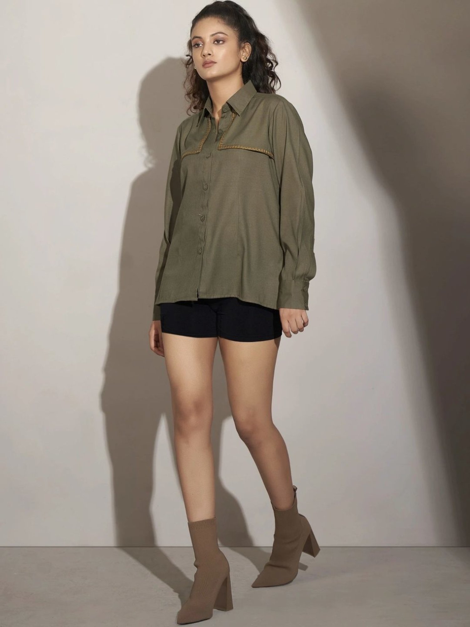 Kaftanize Green Linen Fornt Panel Shirt with Thread Work Embroidery