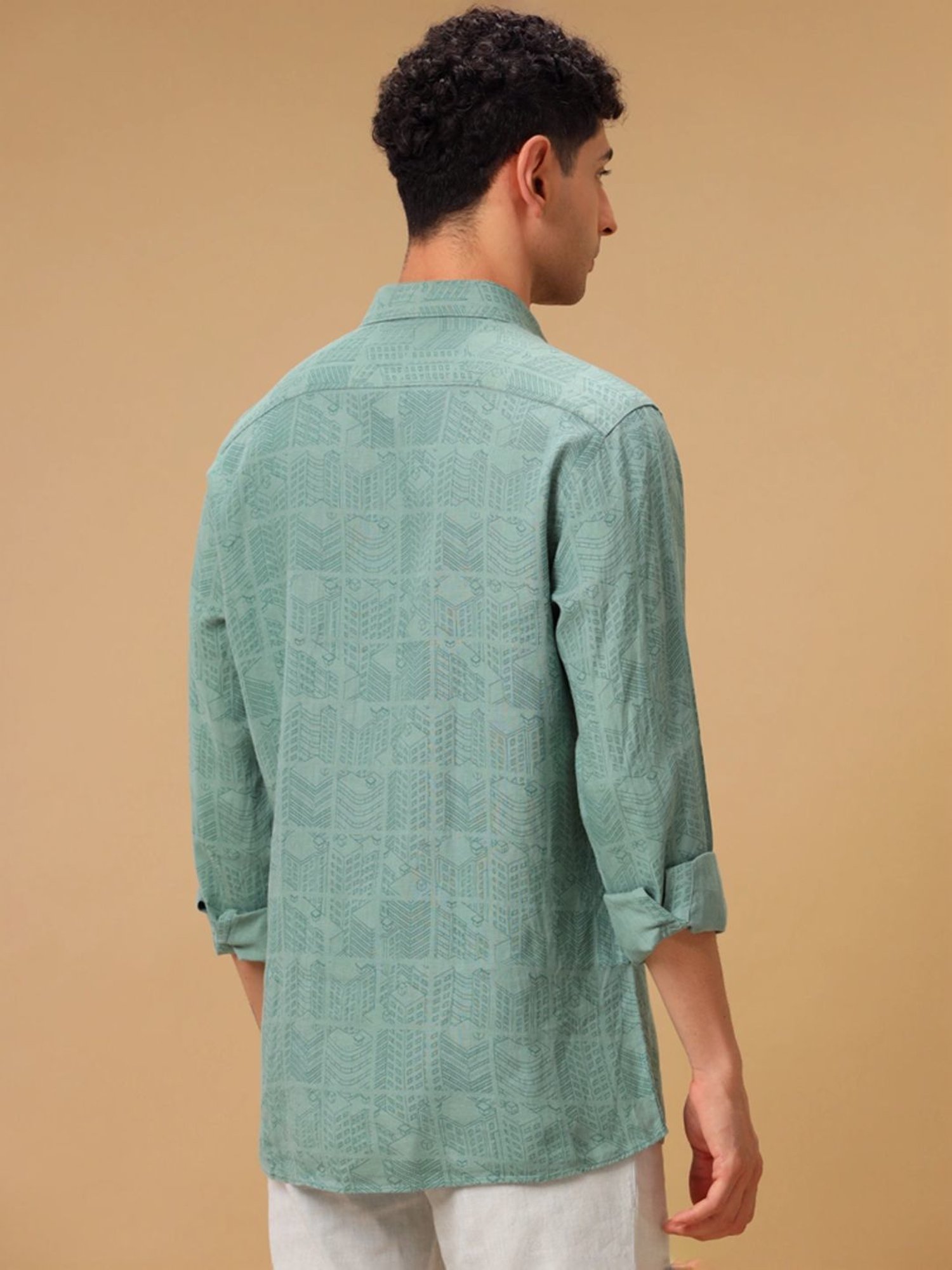 Linen Club Green Linen Contemporary Fit Printed Shirt