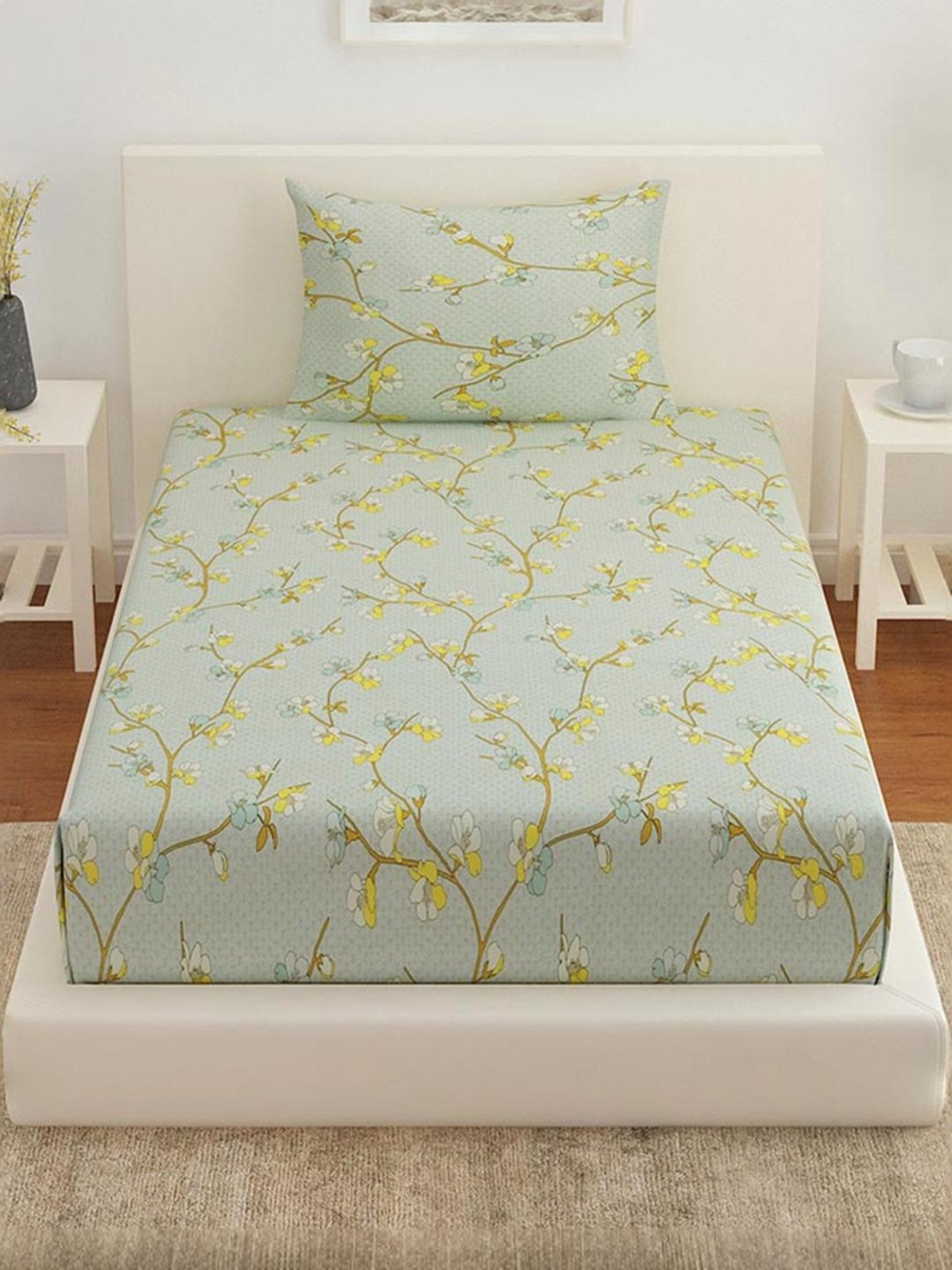 @Home Arias Green 225 TC Cotton Satin Single Bedsheet with 1 Pillow Cover