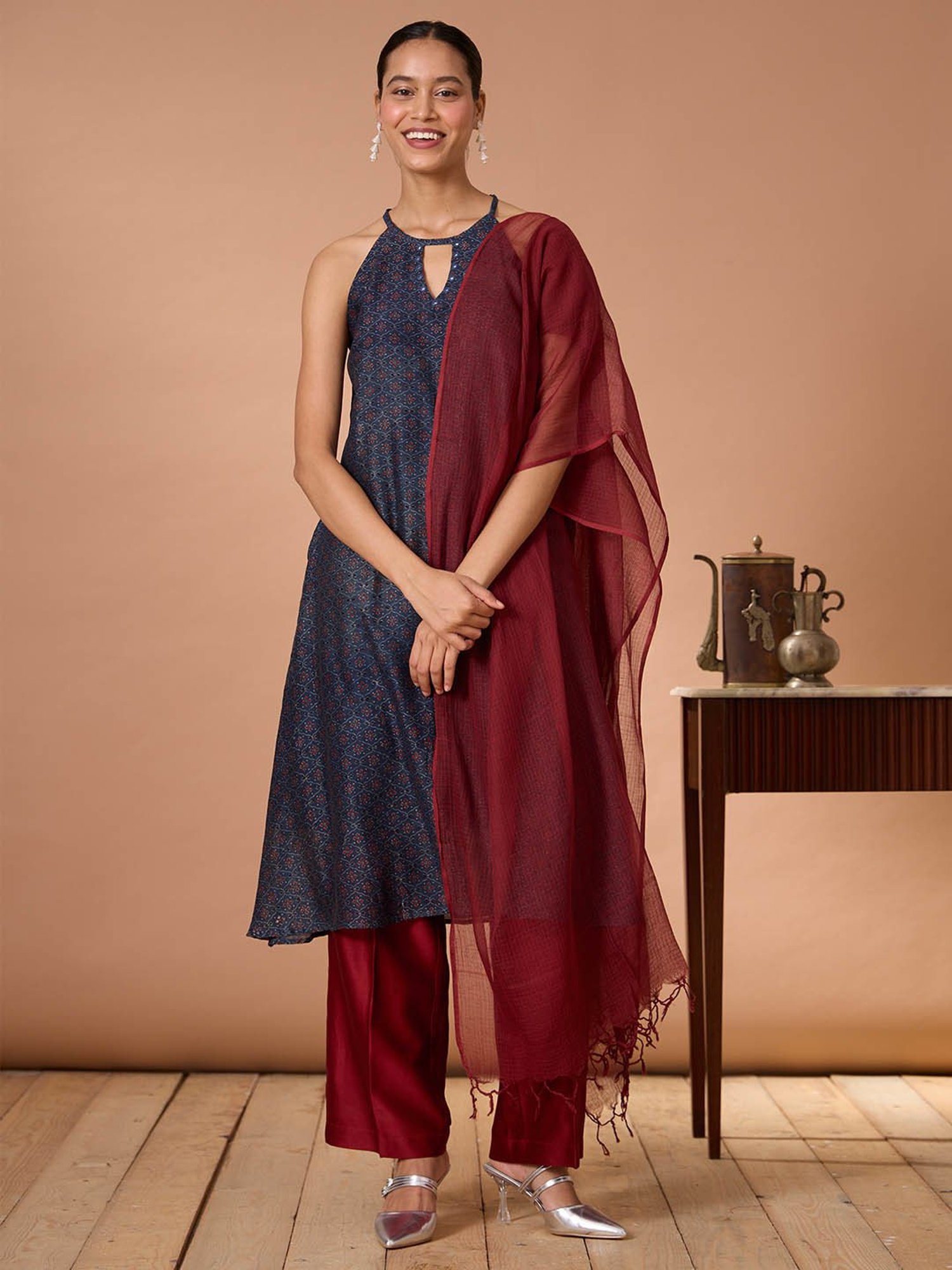 Okhai Blue & Maroon Printed Kurta With Pant & Dupatta