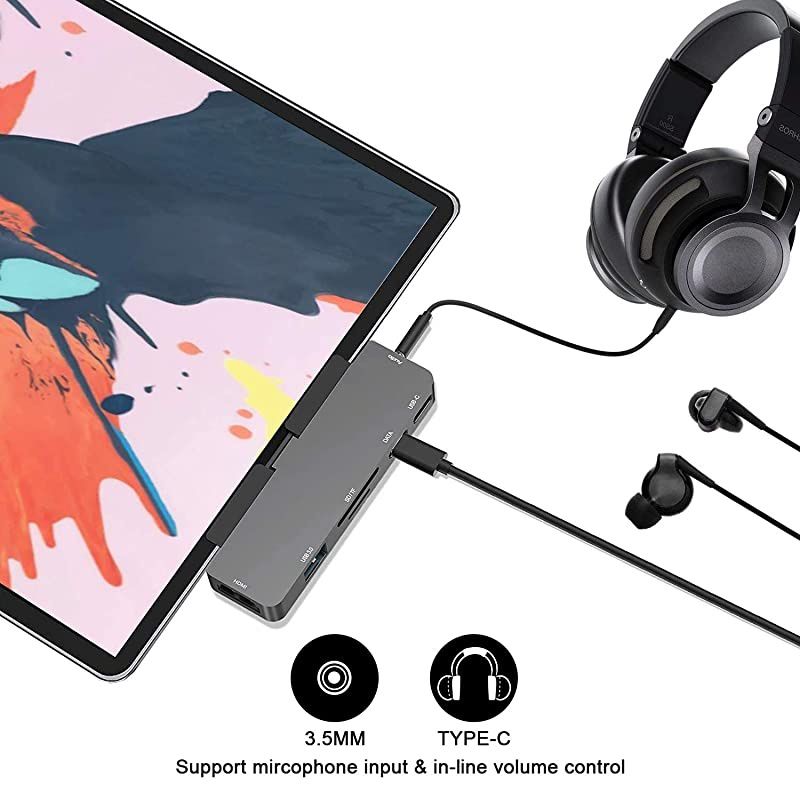 USB C Hub for iPad Pro/ iPad Air 4/ USB C MacBook,  7-in-1 Hub Adapter with 4K HDMI, 60W USB-C PD Fast Charging, 3.5mm Headphone Jack & Type C Data, USB 3.0, SD/TF Card Reader