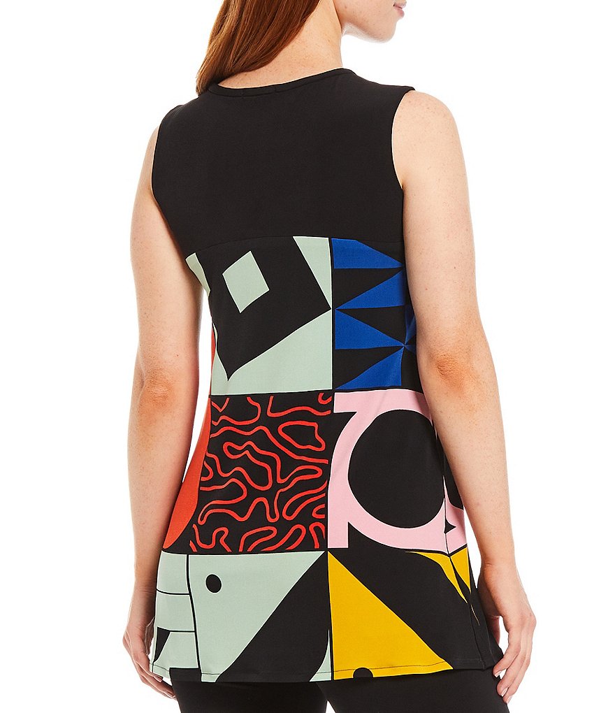 Eva Varro Abstract Geometric Patchwork Print Keyhole Neck Sleeveless Tunic