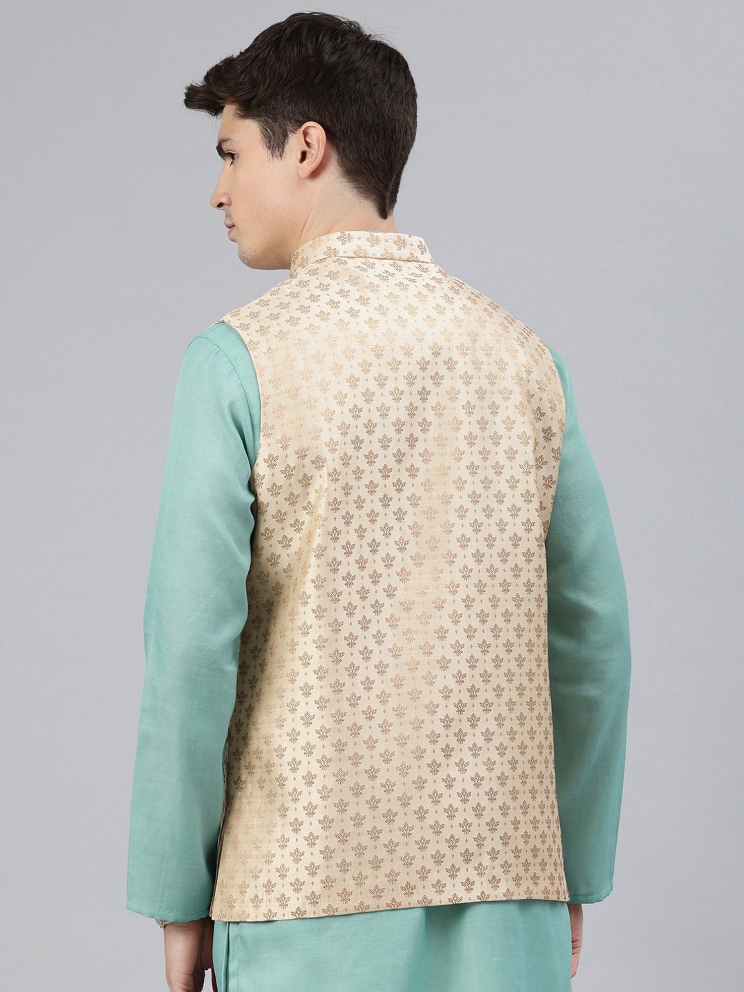 Manthan Beige Regular Fit Self Design Nehru Jacket