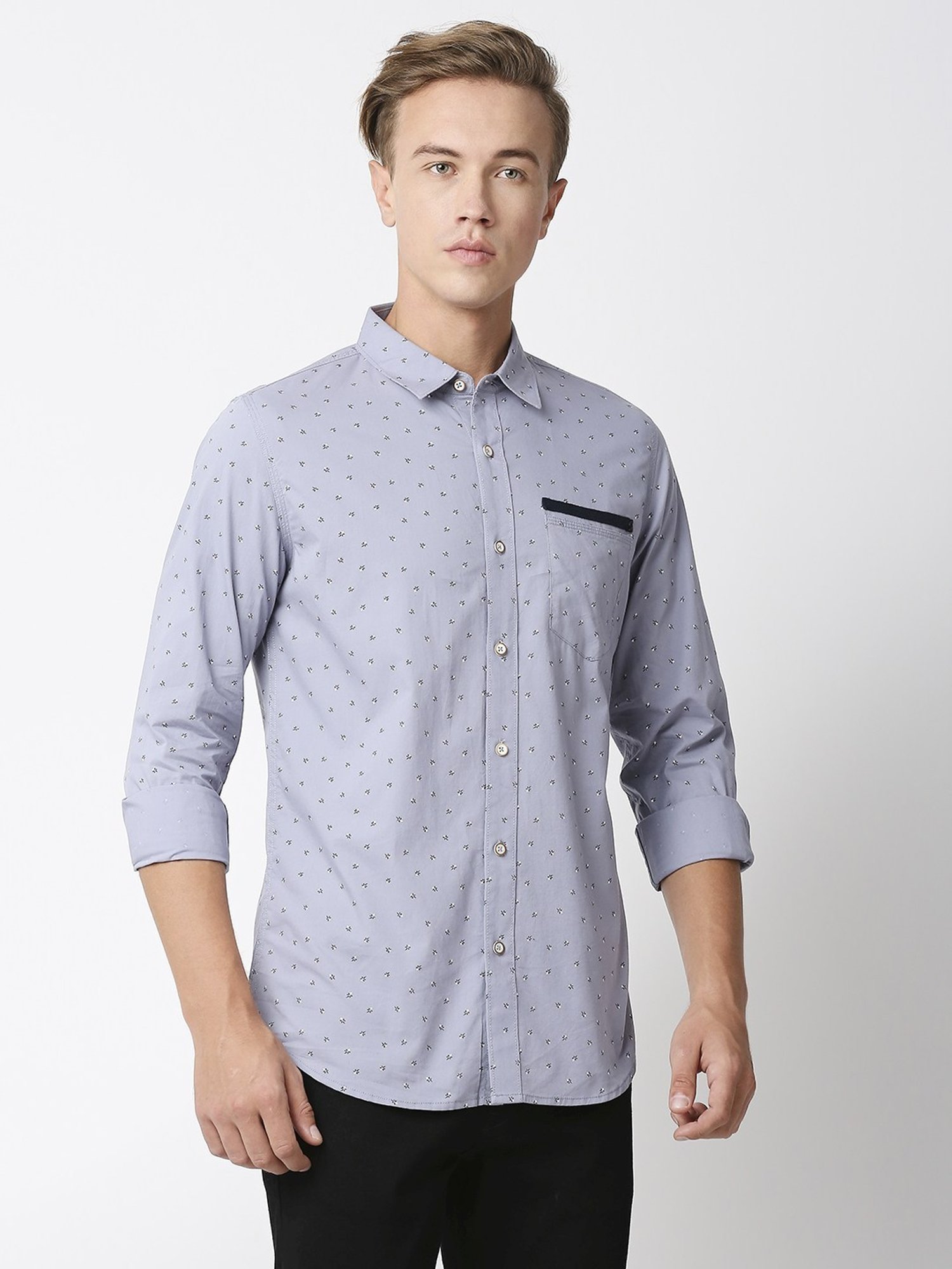 Solemio Grey Slim Fit Printed Shirt
