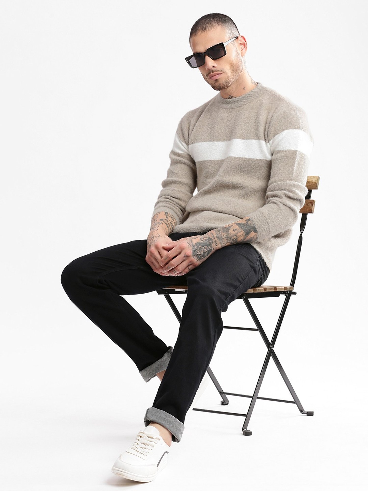 Showoff Beige Slim Fit Colour Block Sweater