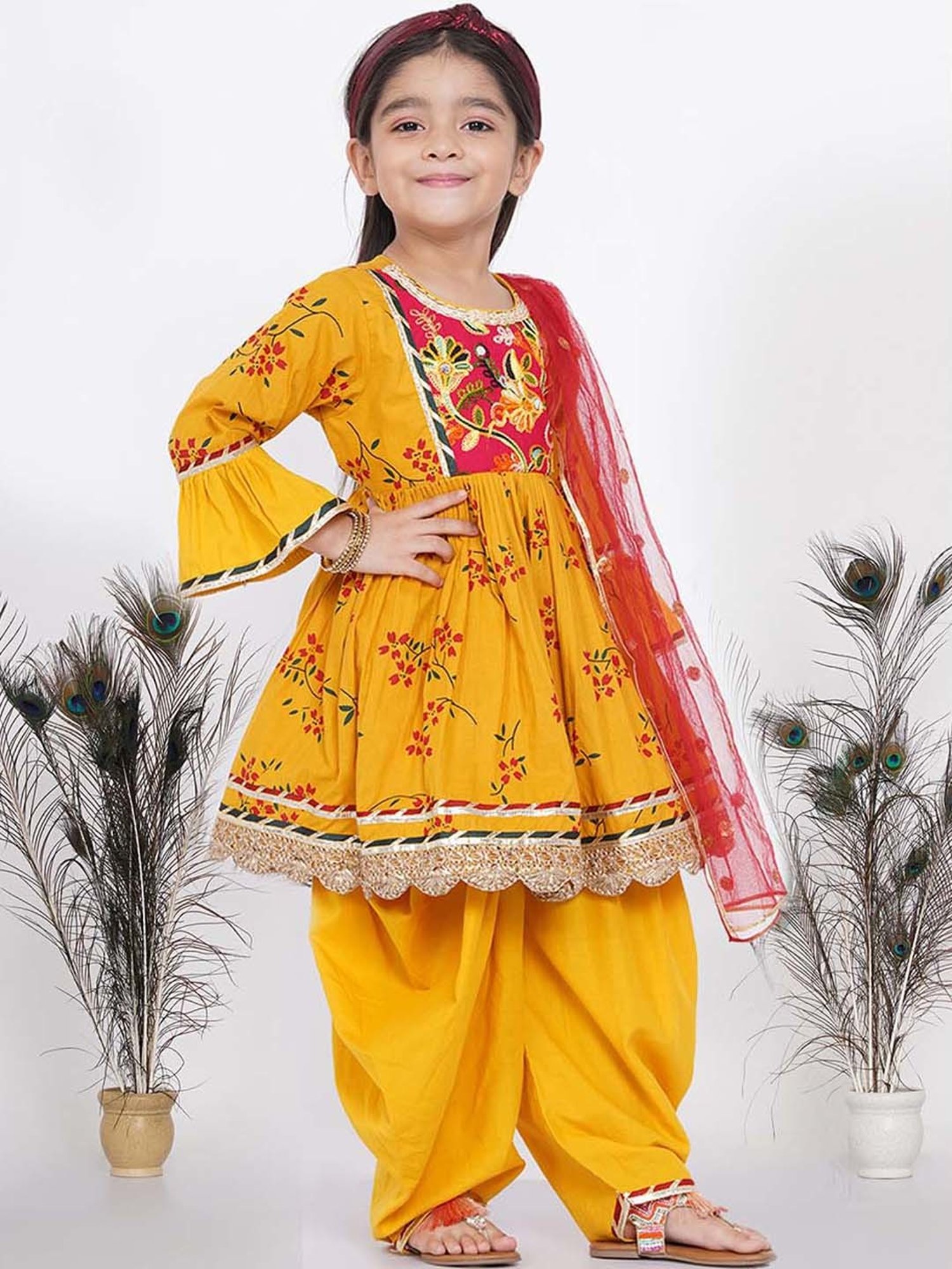 Little Bansi Kids Yellow & Red Cotton Floral Print Full Sleeves Kurta Set