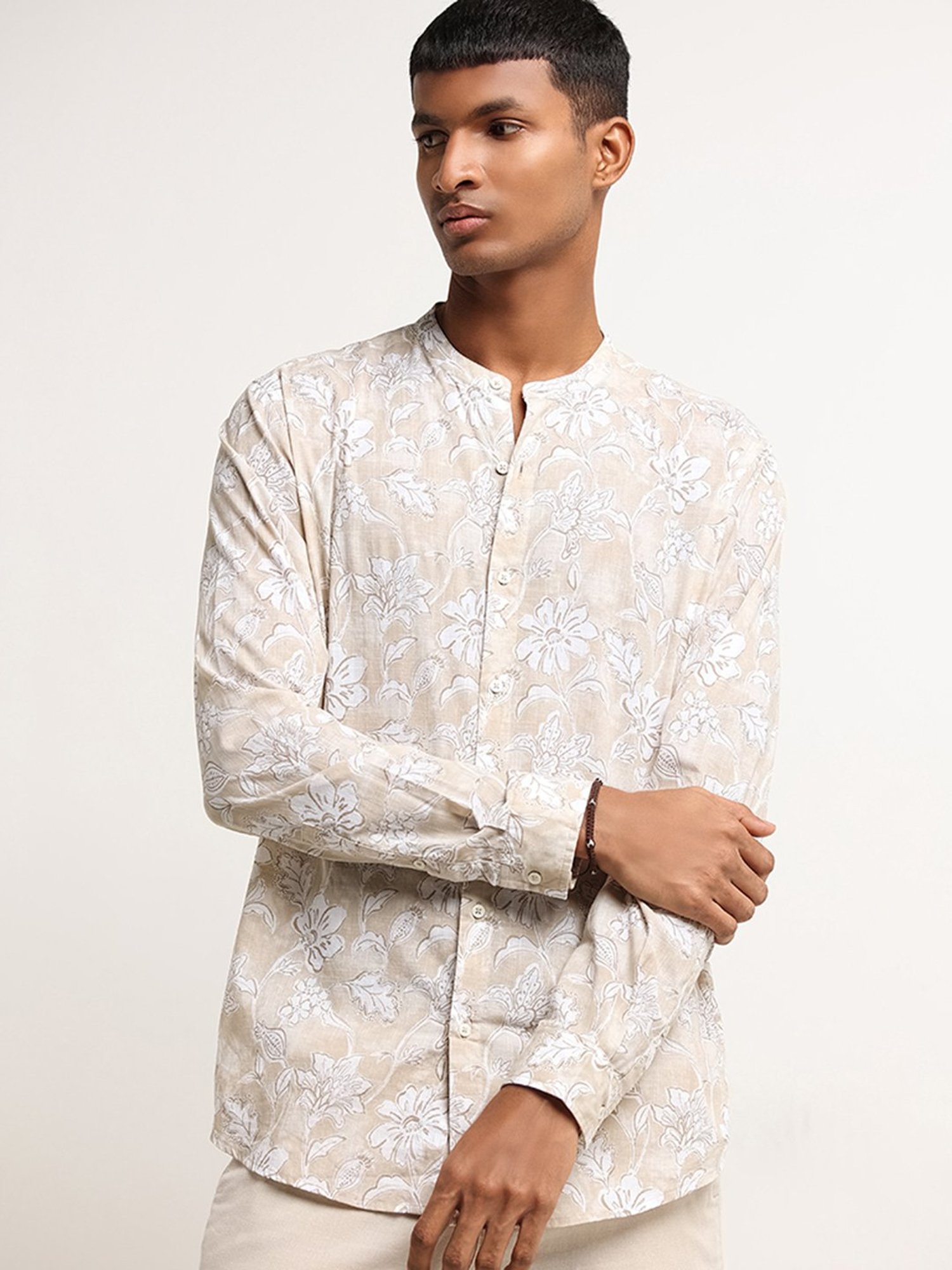 ETA by Westside Beige Botanical Print Grandad Relaxed Fit Shirt