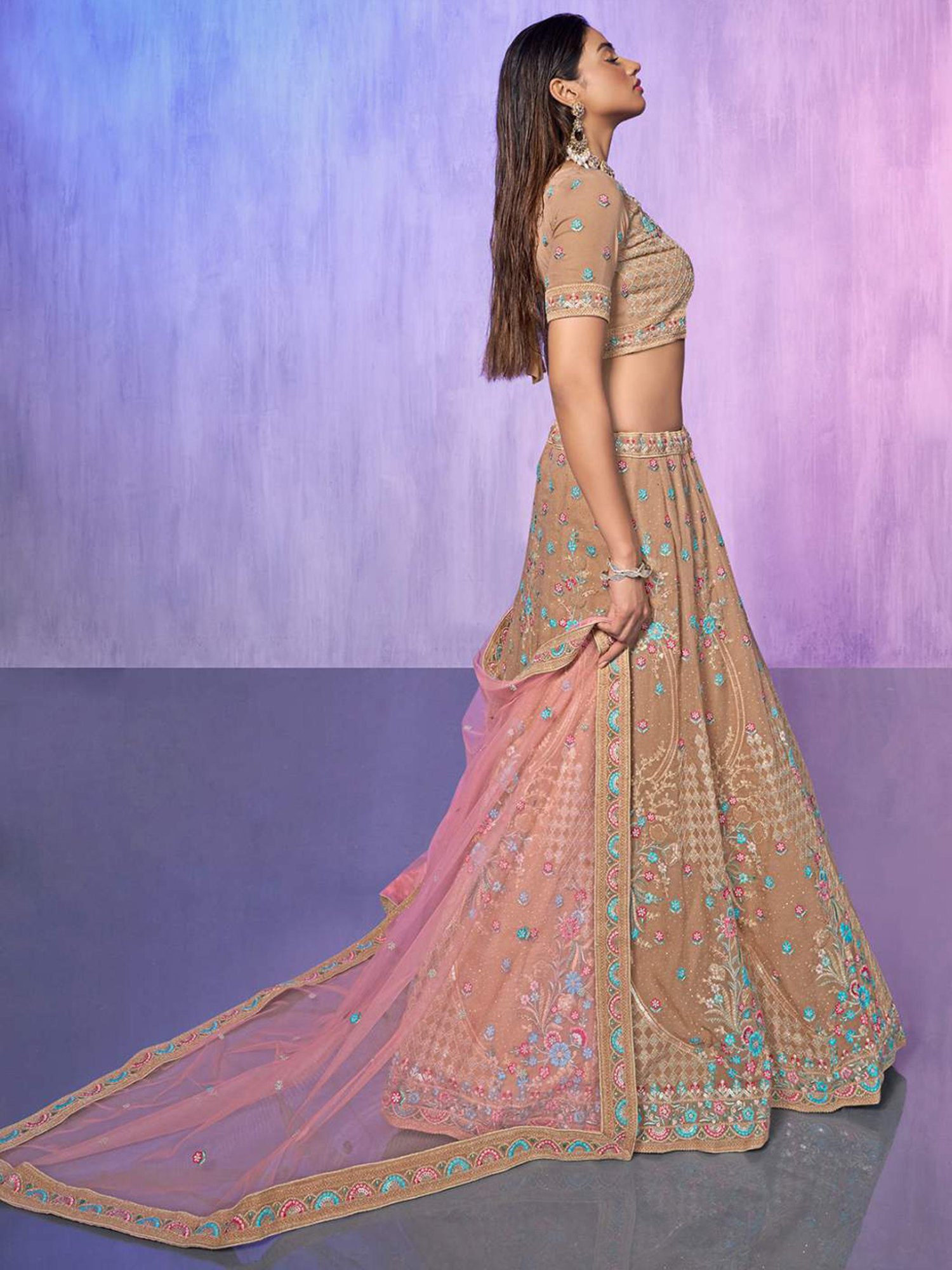 Odette Beige Embroidered Semi Stitched Lehenga Blouse Set With Dupatta