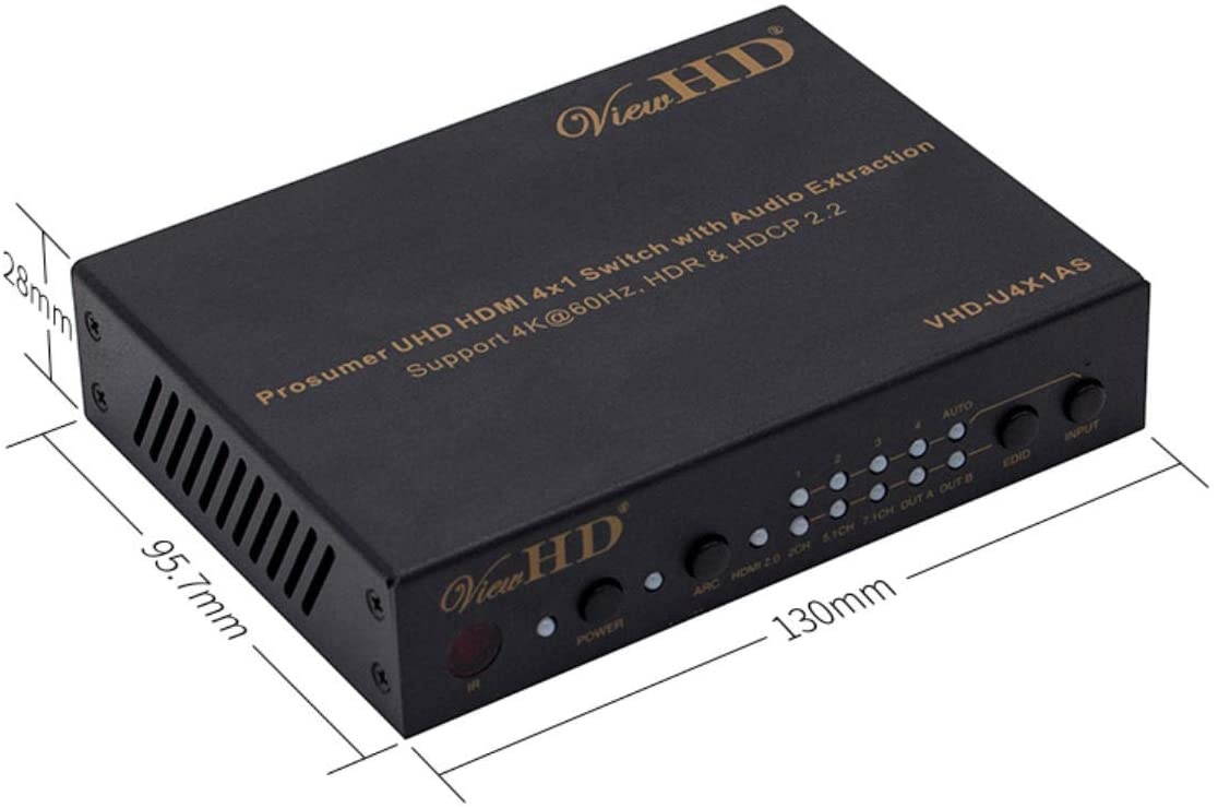 ViewHD Prosumer UHD HDMI 4X1 Switch with Audio Extraction | Dedicated HDMI Audio Output | 18Gbps | 4K@60Hz | Dolby Vision & HDR | HDCP 2.2 | Model: VHD-U4X1AS