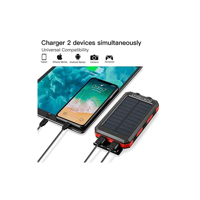 10000mAh Solar Power Bank,  Portable Solar Panels with Flashlight & Compass Waterproof Solar Power Bank, Solar Phone Charger-