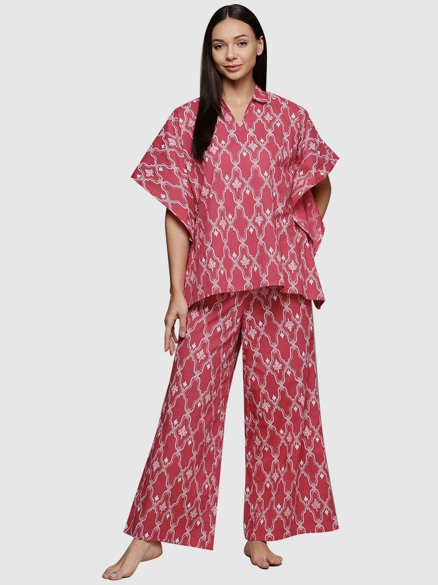 Ziyaa Pink Cotton Printed Kaftan Pyjama Set