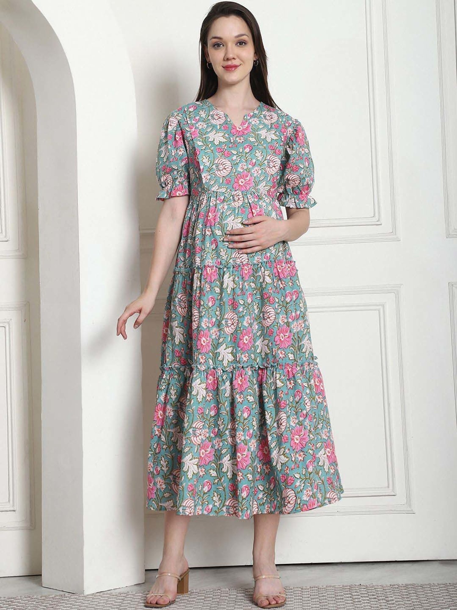 Secret Wish Green Cotton Floral Straight Dress