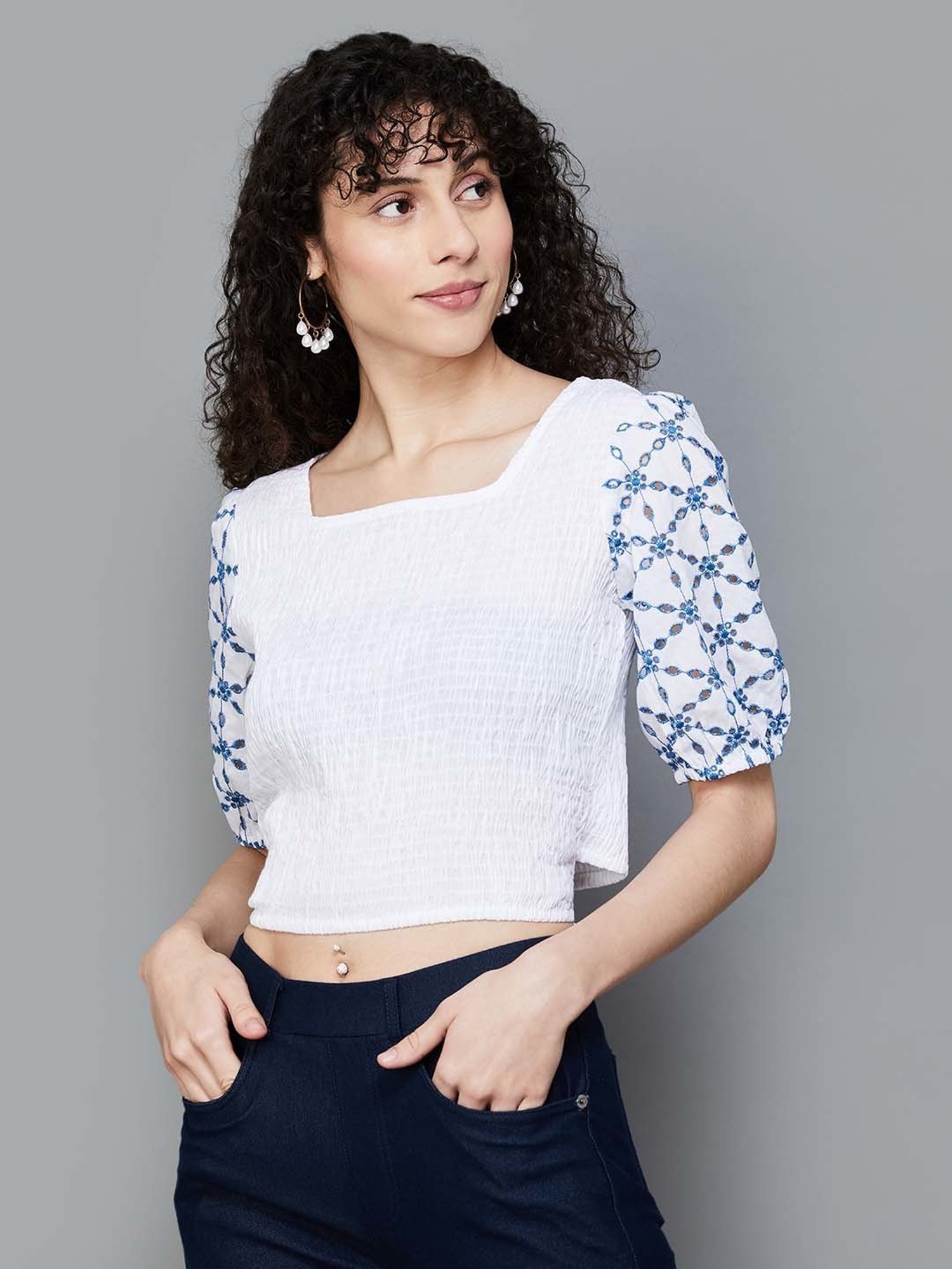 Colour Me by Melange Off-White Cotton Embroidered Crop Top