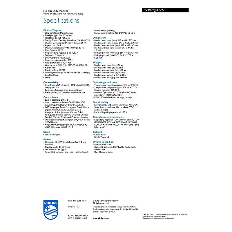 273V7QJAB 27" Frameless Monitor, Full HD 1920x1080, IPS, Built-in Speakers, VESA, 4Yr Advance Replacement Warranty