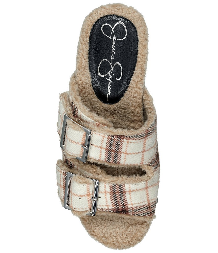 Jessica Simpson Cyriss Plaid Faux Shearling Buckle Wedges
