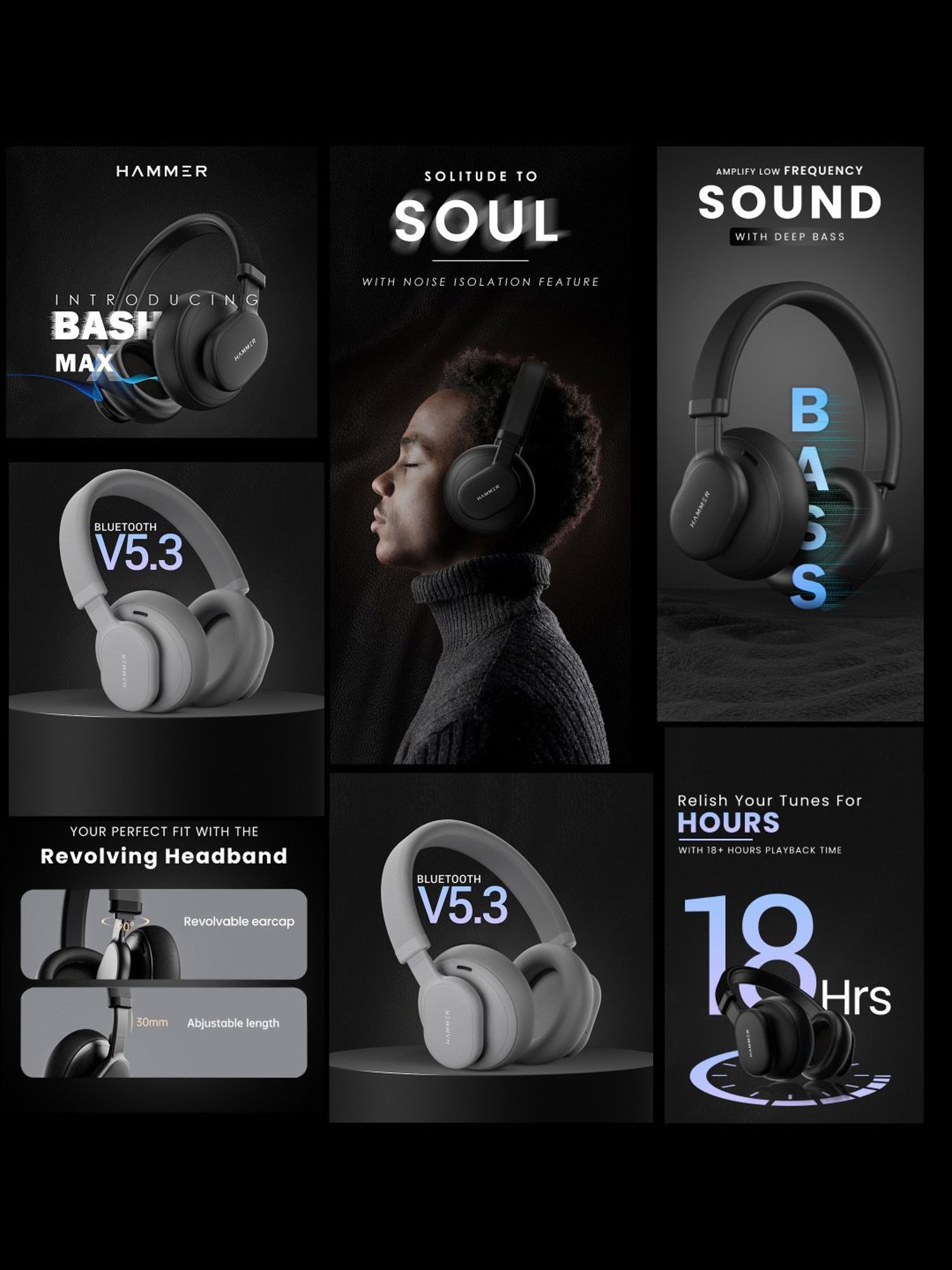 Hammer Bash Max Over The Ear Wireless Bluetooth Headphones with Mic,Touch Control (Black)