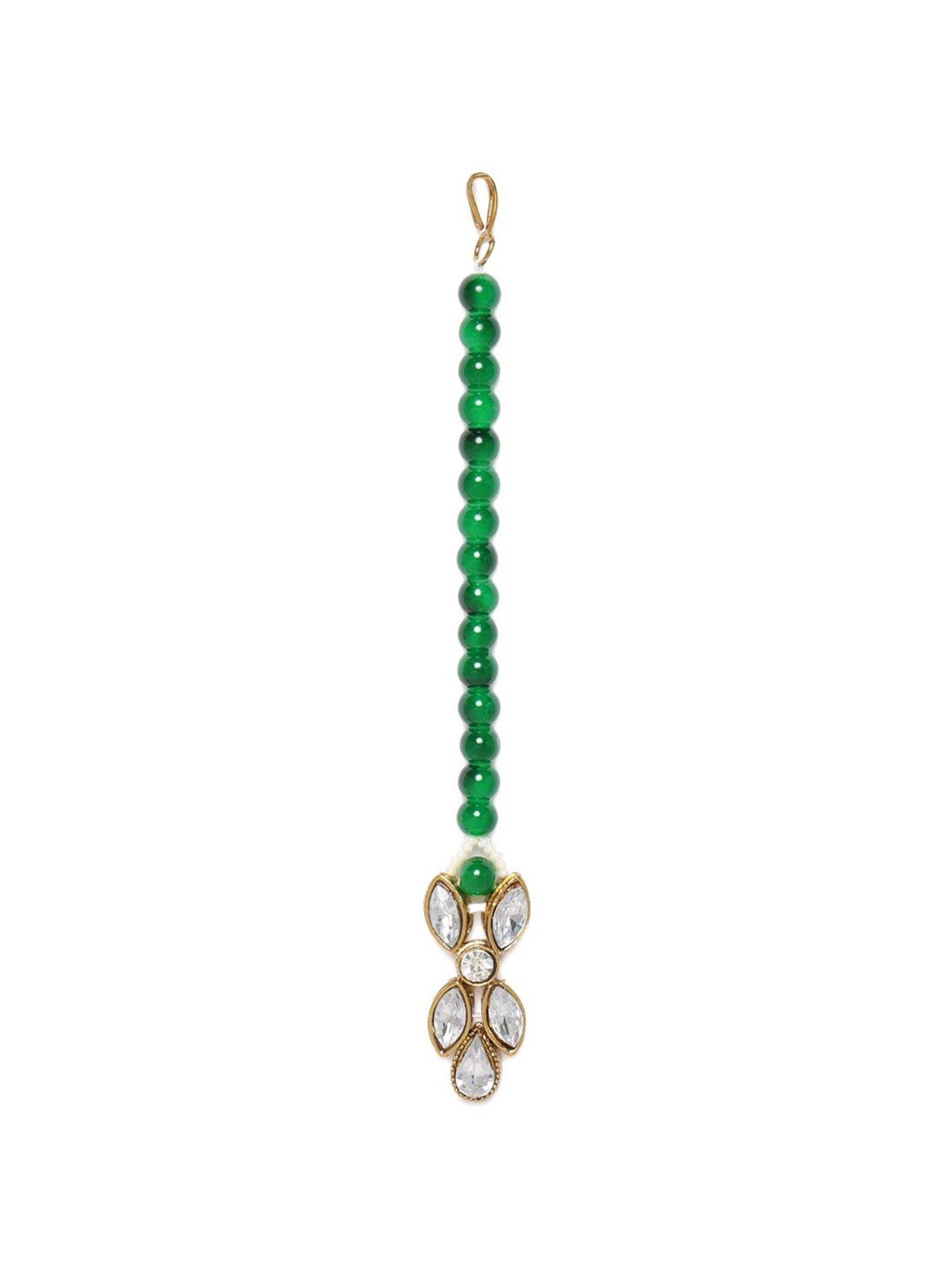 Zaveri Pearls Crystal Shine Stones & Green Beads Choker Necklace Earring Maangtikka-ZPFK9366