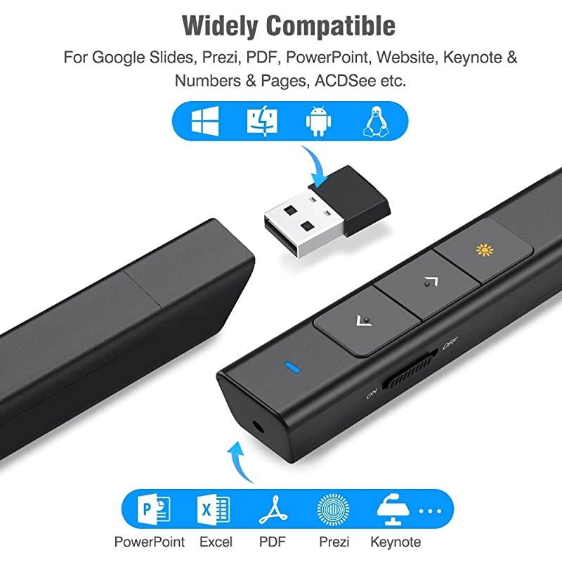 Presentation Powerpoint Clicker Wireless Presenter Rechargeable Green Light USB Remote Control Hyperlink Volume Control Slide Advancer 24GHz with Case