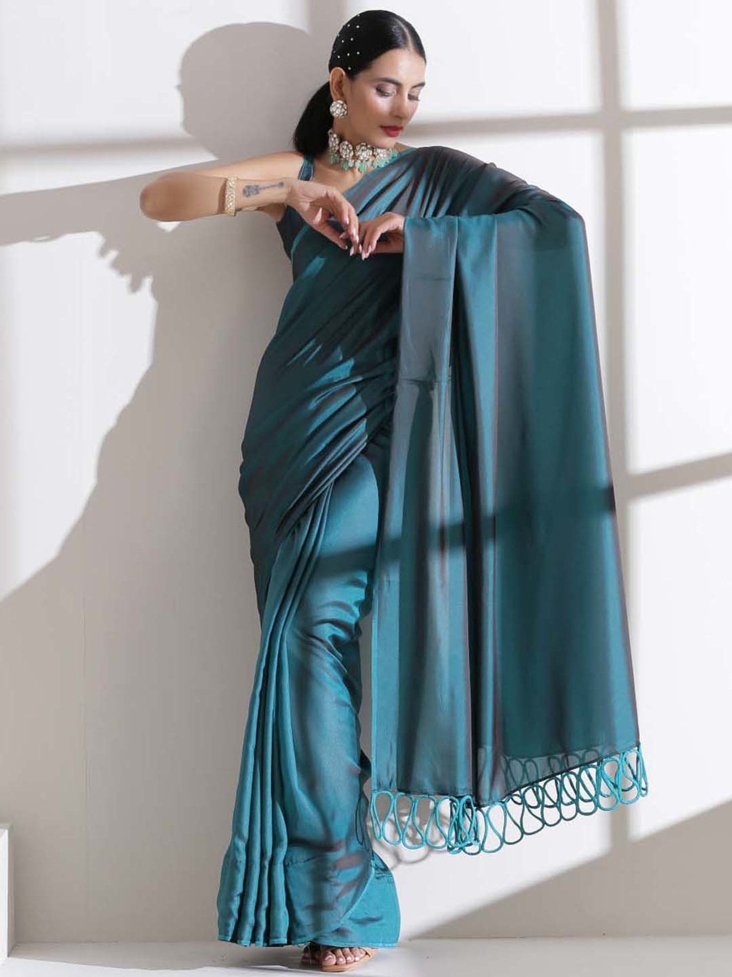 Swtantra Blue & Grey Satin Saree