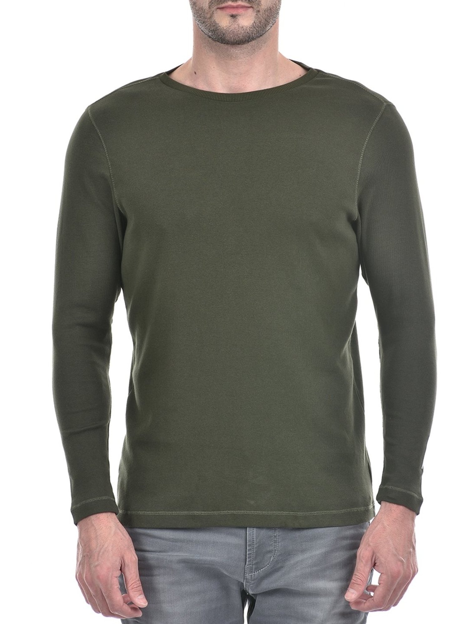 NUMERO UNO Olive Slim Fit Solid Round Neck Brushed Fleece T-Shirt