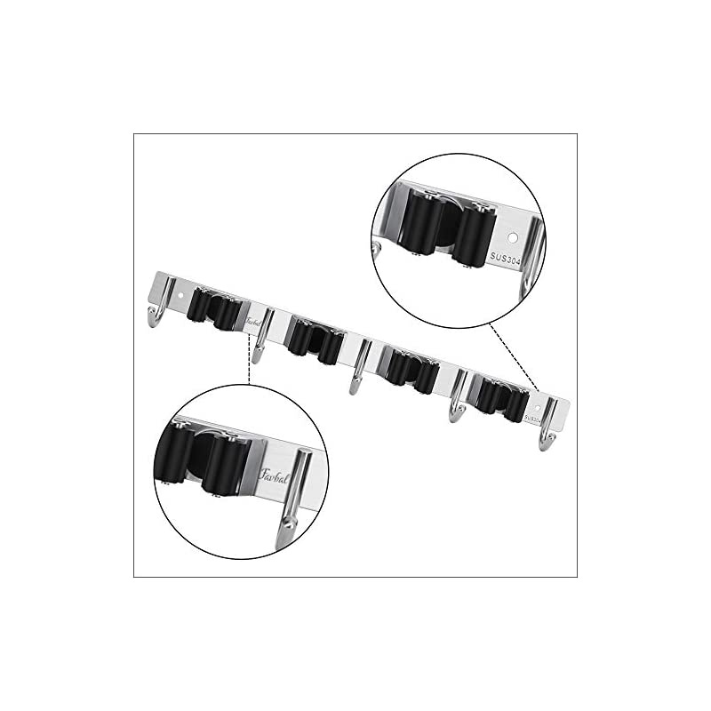 Garage Storage Stainless Steel Mop Broom Holder Wall Mount Heavy Duty Tools Hanger with 4 Racks 5 Hooks for Kitchen Bathroom Closet Garage Office Garden