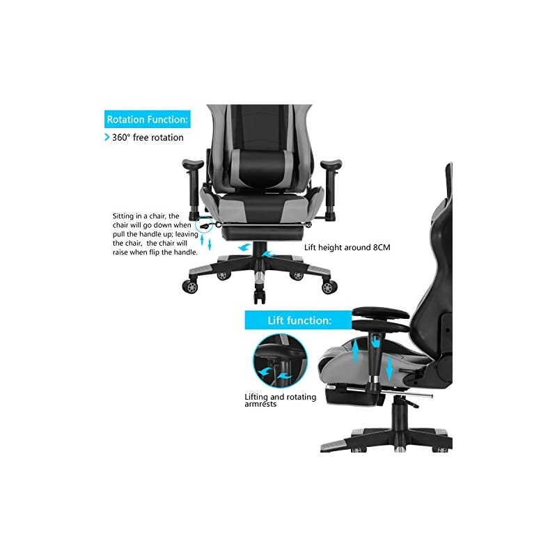 Back Massage Gaming Chair with Footrest,PC Computer Video Game Racing Gamer Chair High Back Reclining Executive Ergonomic Desk Office Chair with Headrest Lumbar Support Cushion GM002 (Grey)