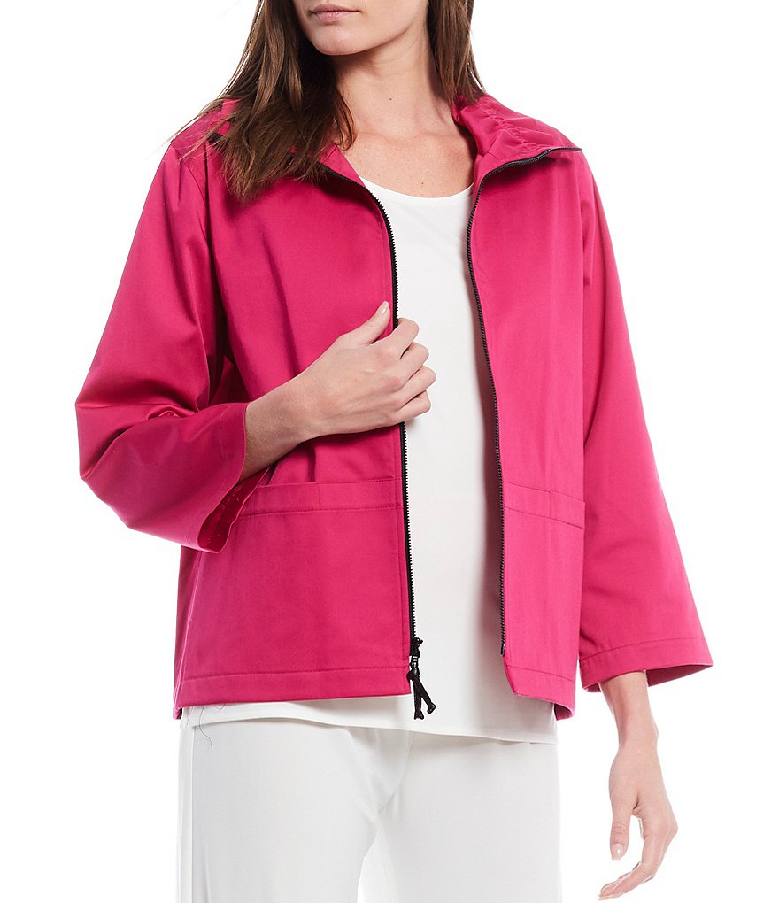 Caroline Rose Stretch Cotton Blend Ruched Collar Zip Front Jacket